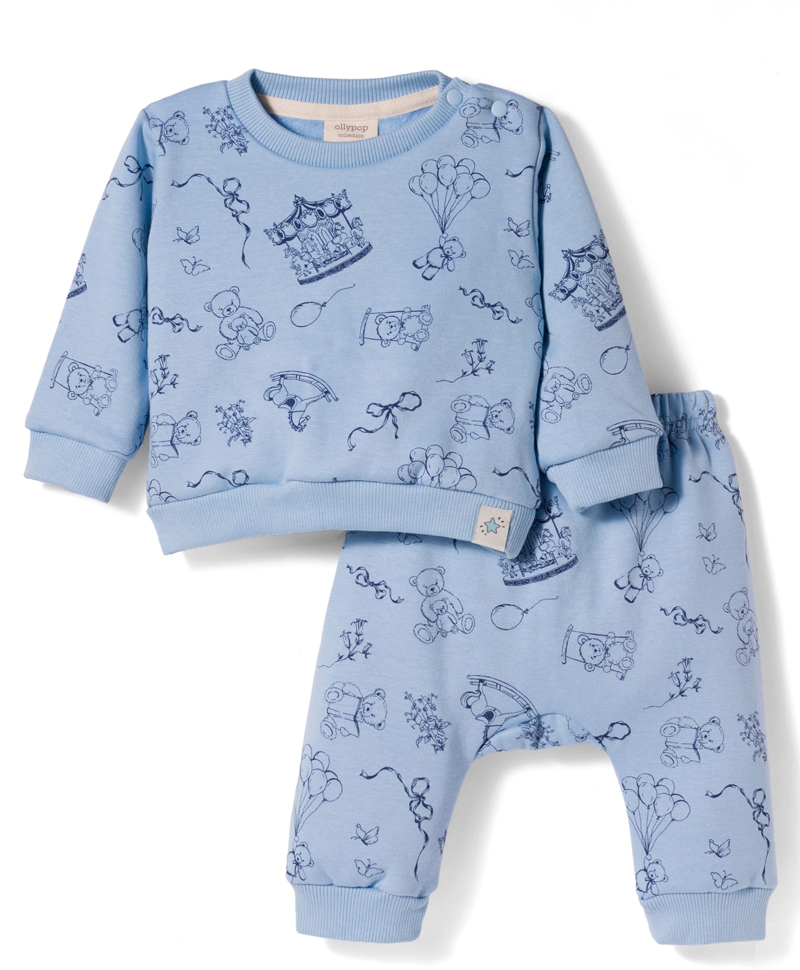Ollypop Fleece Knit Full Sleeves Co-ords Winter Night Suit with Bear Print - Light Blue-picture-44