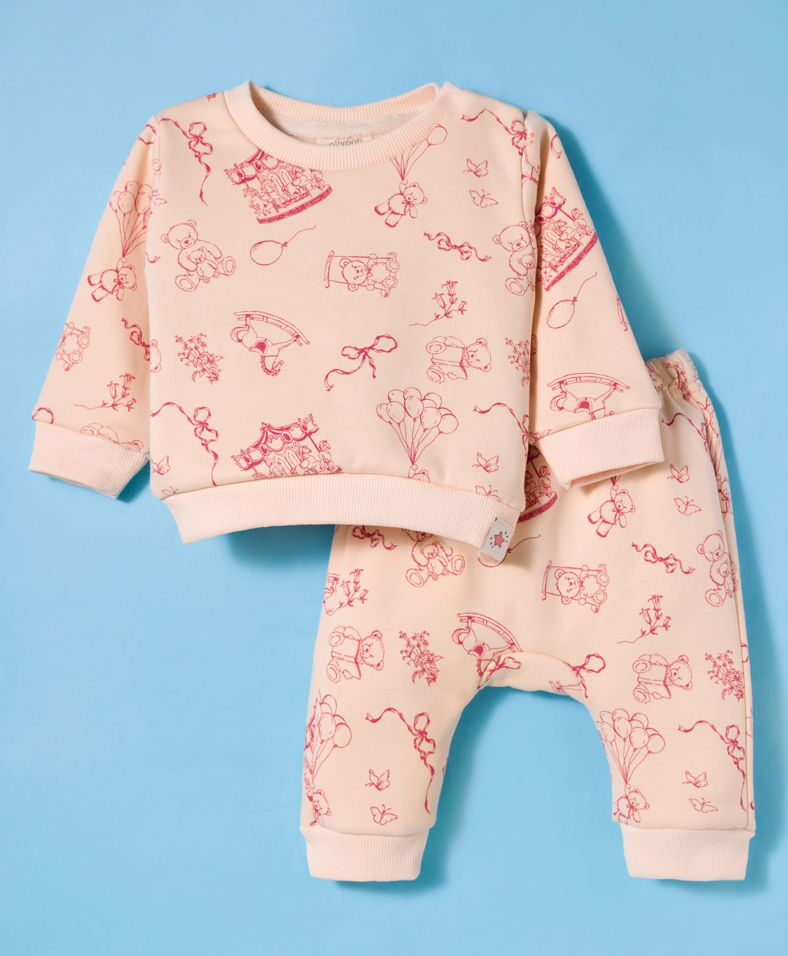 Ollypop Fleece Knit Full Sleeves Co-ords Winter Night Suit with Bear Print - Peach-image-6
