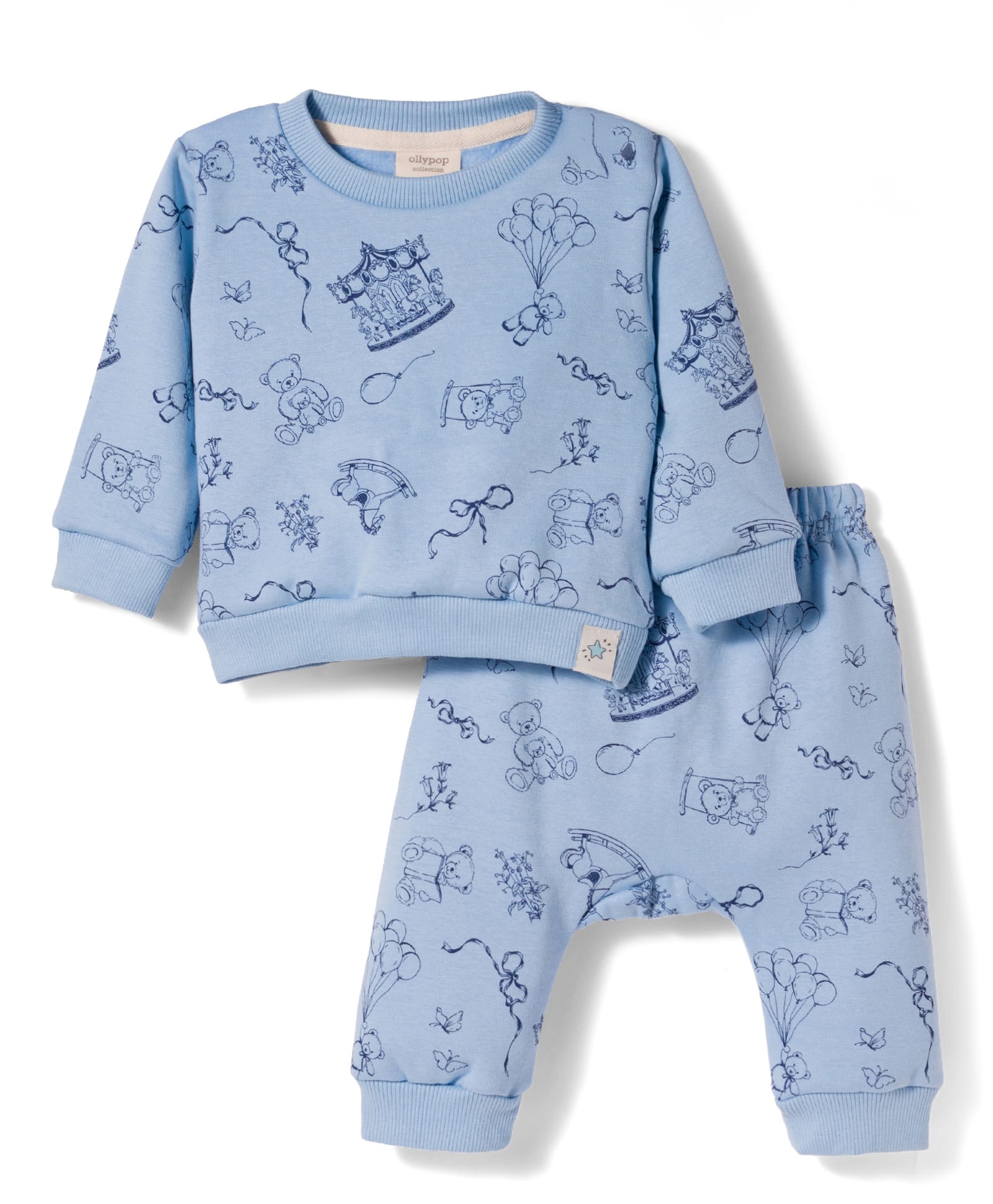 Ollypop Fleece Knit Full Sleeves Co-ords Winter Night Suit with Bear Print - Light Blue-picture-40