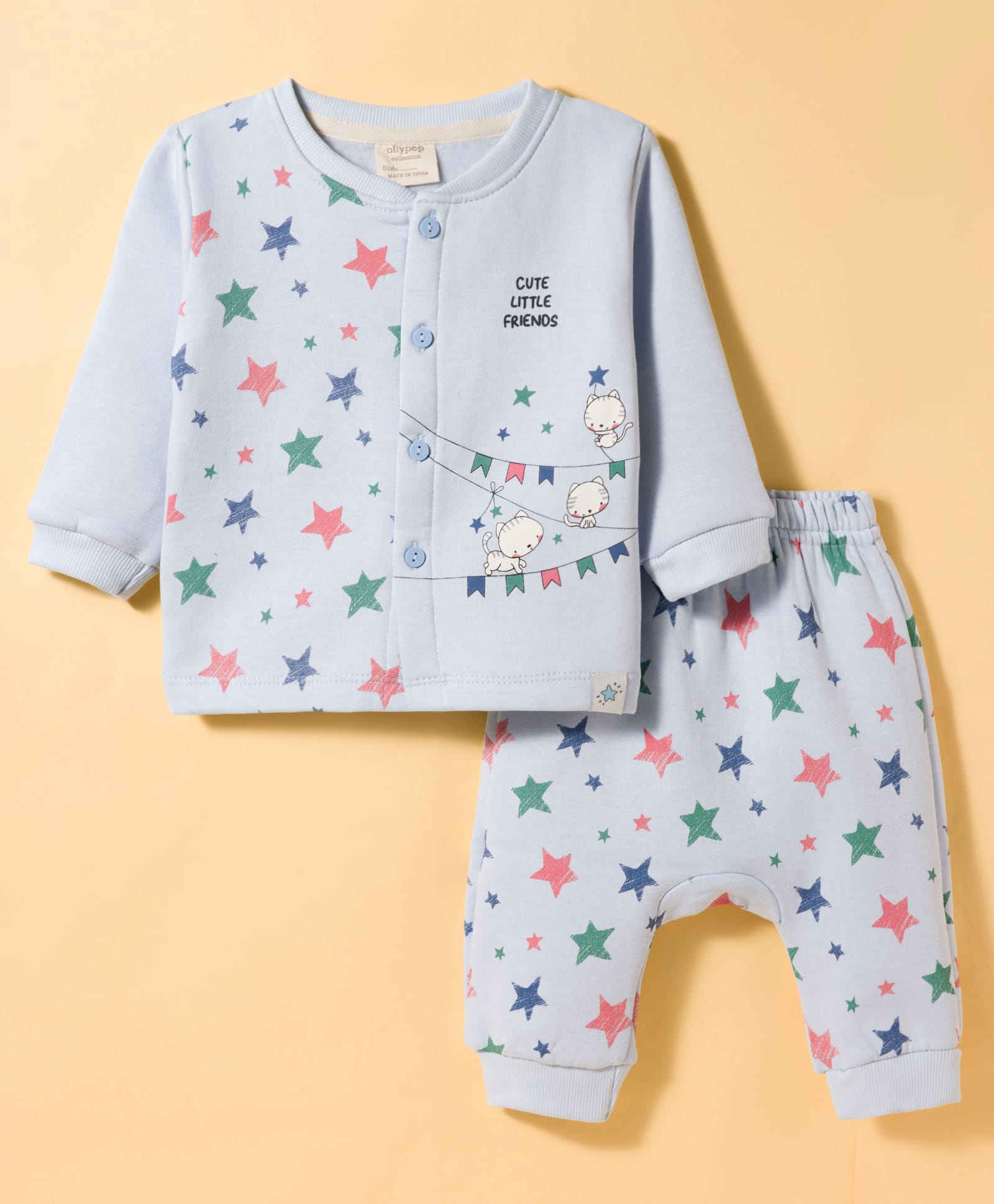 Ollypop Fleece Knit Full Sleeves Winter Night Suit with Star Print - Light Blue-picture-43
