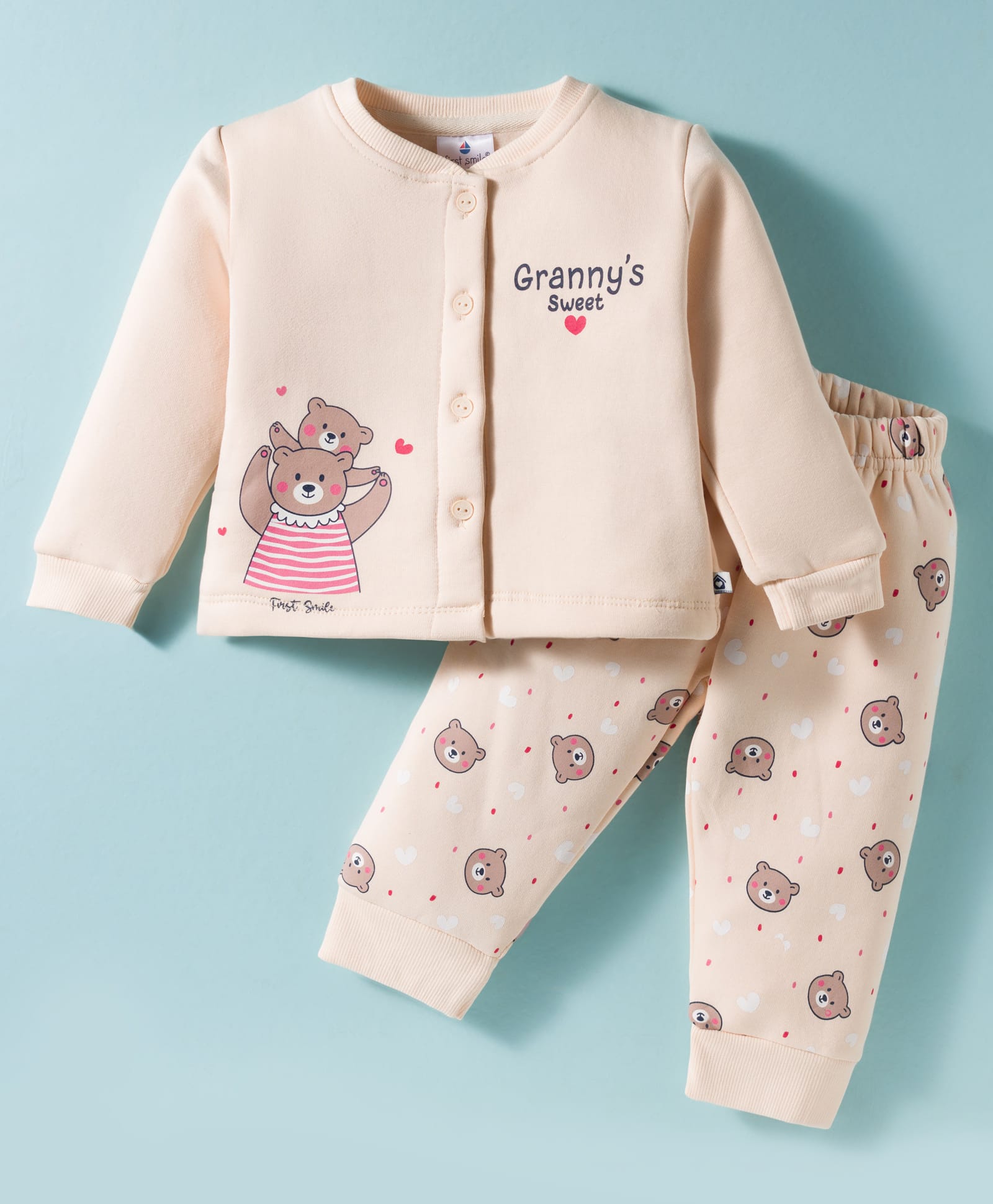 First Smile Fleece Knit Full Sleeves Winter Night Suit with Bear Print - Peach-image-15