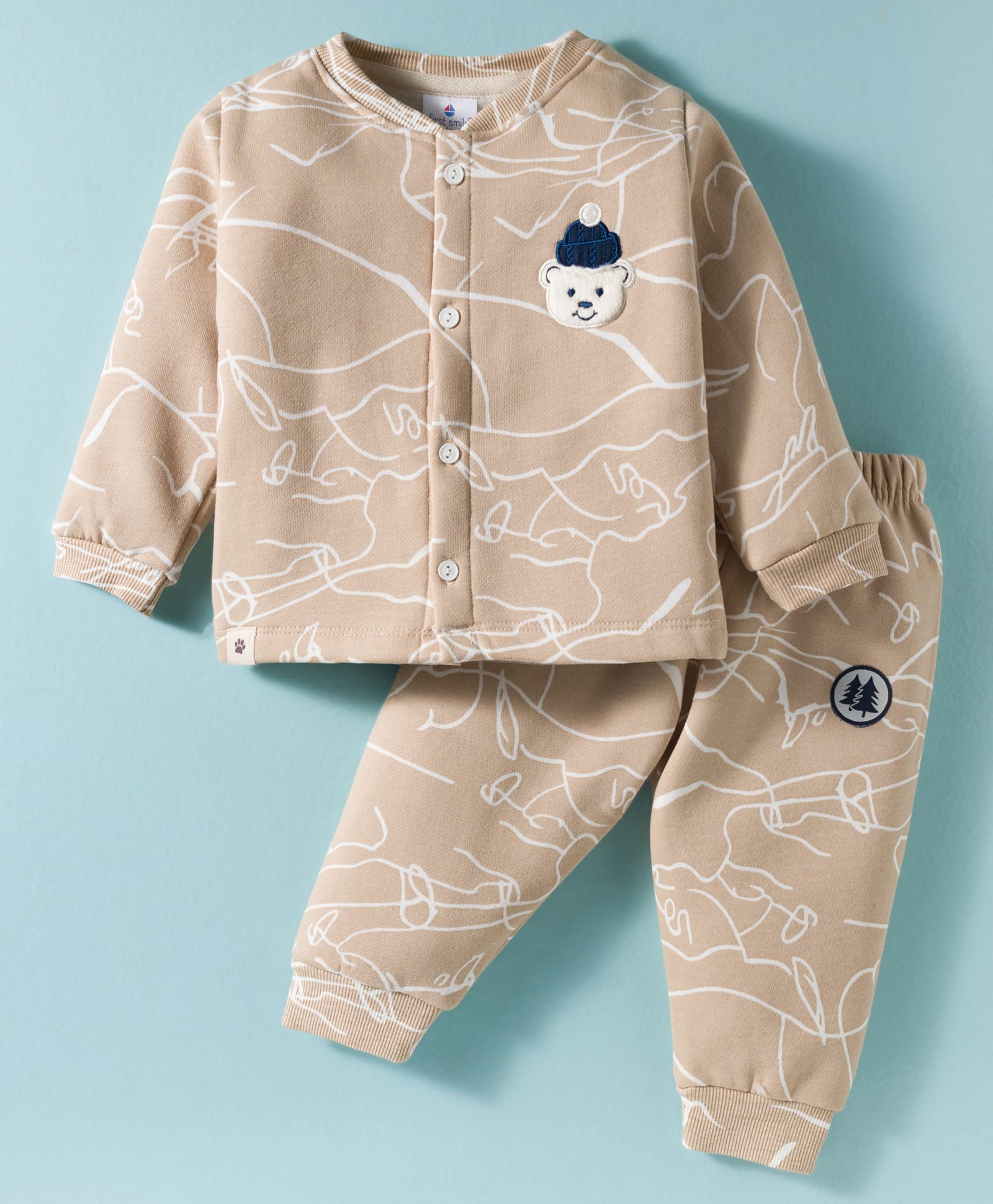 First Smile Fleece Knit Full Sleeves Winter Night Suit with Bear Patch - Tan-image-22