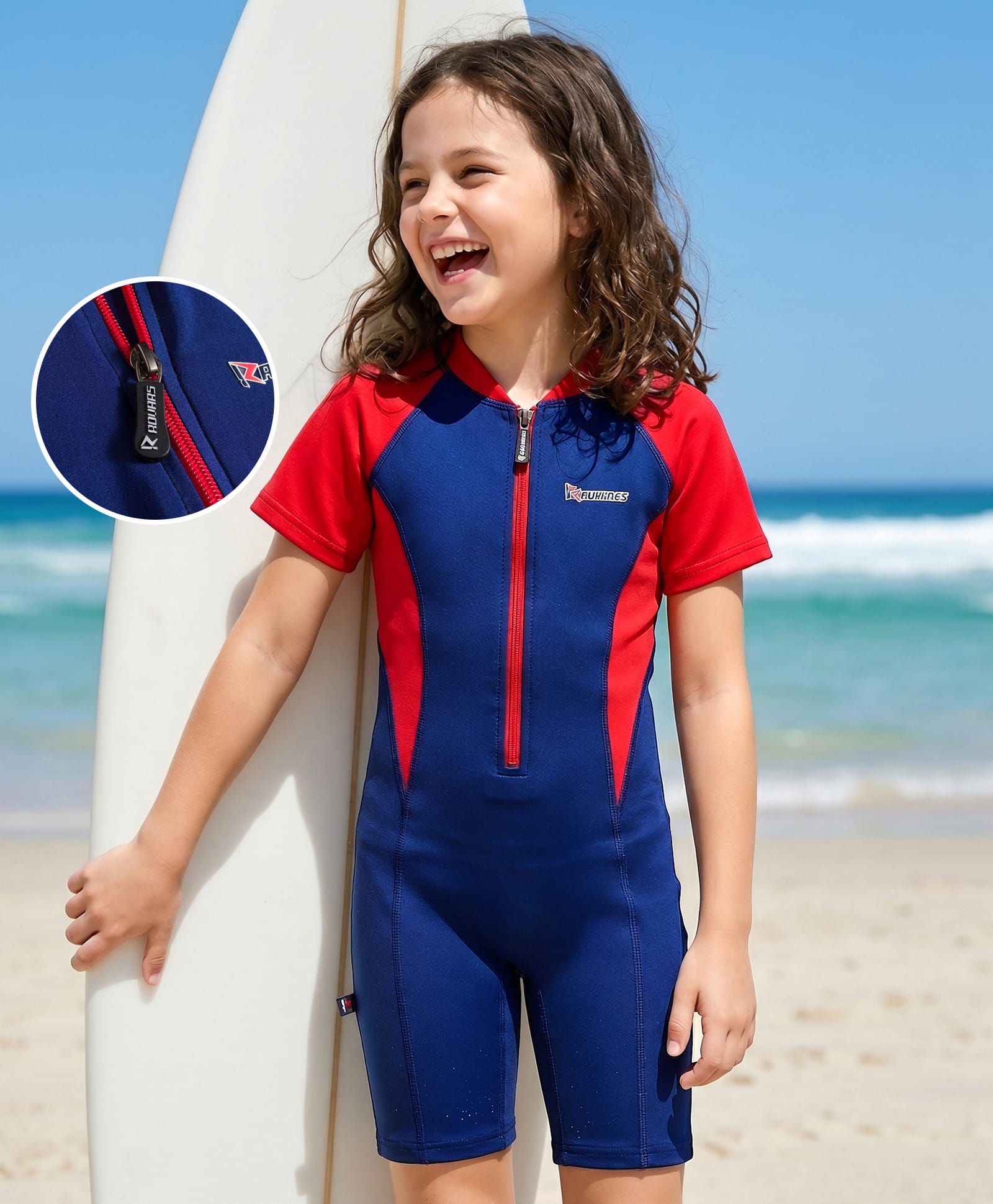ROVARS Half Raglan Sleeves Cut & Sew Legged Swimsuit - Navy & Red-image-11