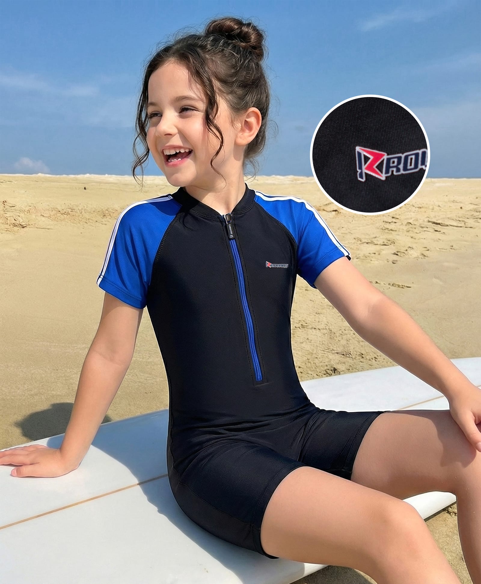 ROVARS Half Raglan Sleeves Legged Swimsuit - Black & Blue-picture-49