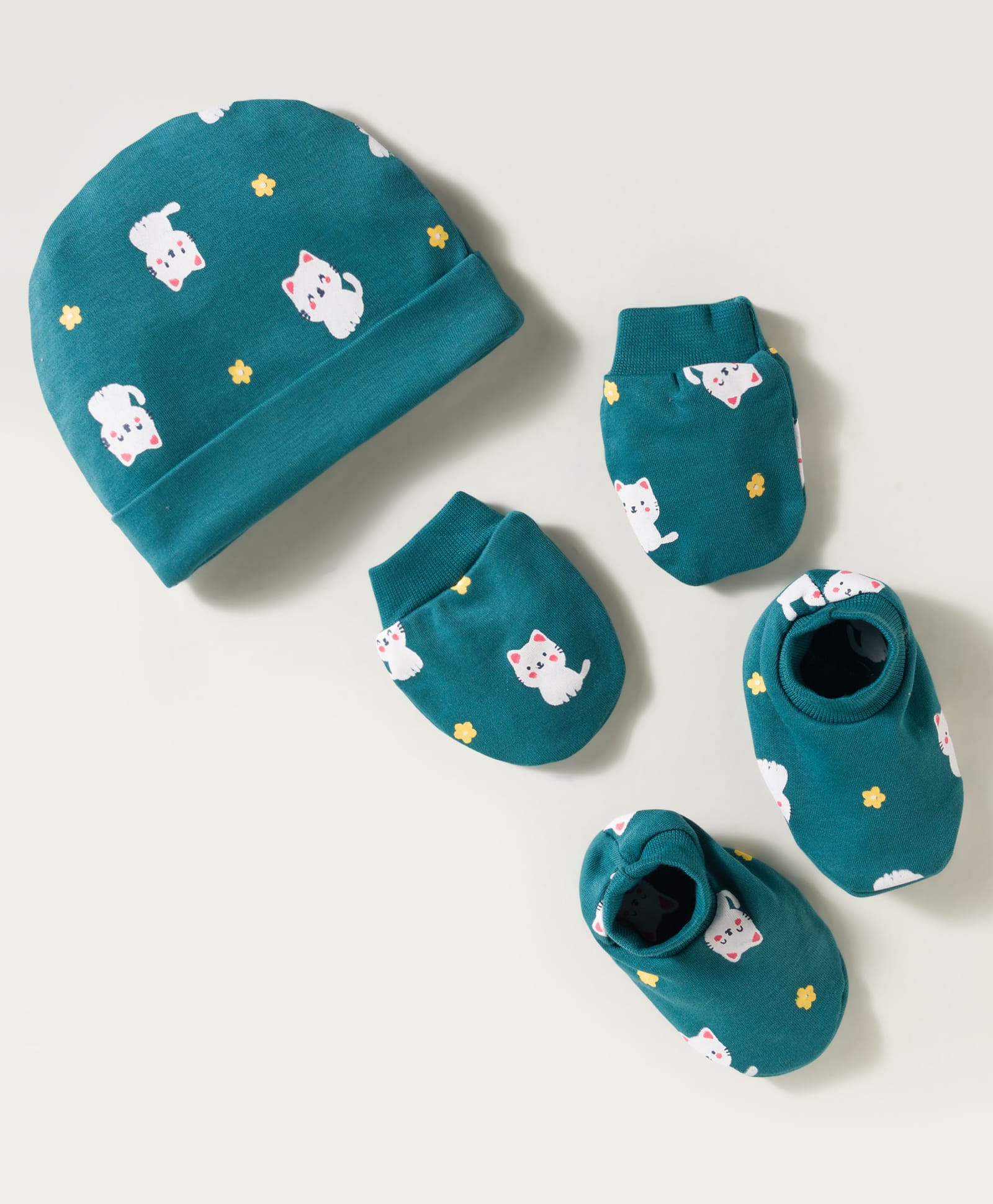 Simply Interlock Knit Cap Mitten & Booties Set with Kitty Print Teal Blue - Diameter 10.5 cm-picture-28