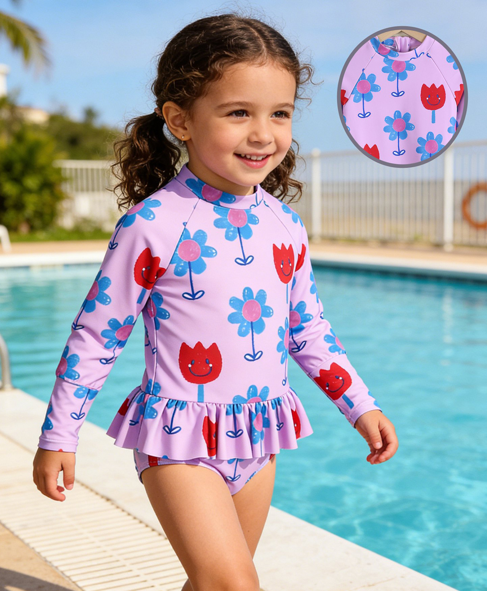 Babyhug Full Raglan Sleeves V Cut Swimsuit with Floral Print - Purple-image-20