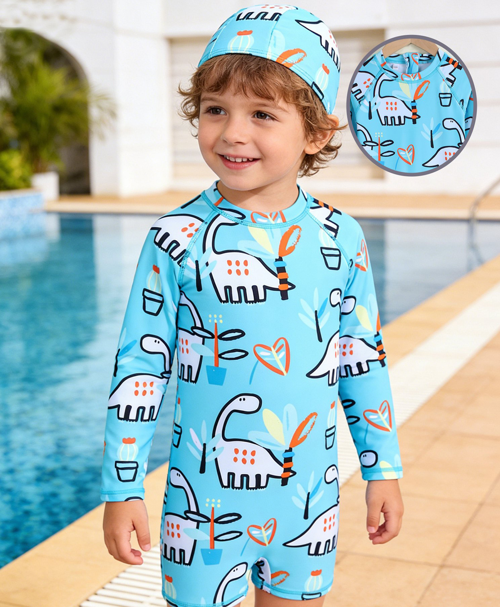 Babyhug Raglan Full Sleeves Dino Printed Legged Swimsuit With Cap - Light Blue-picture-13