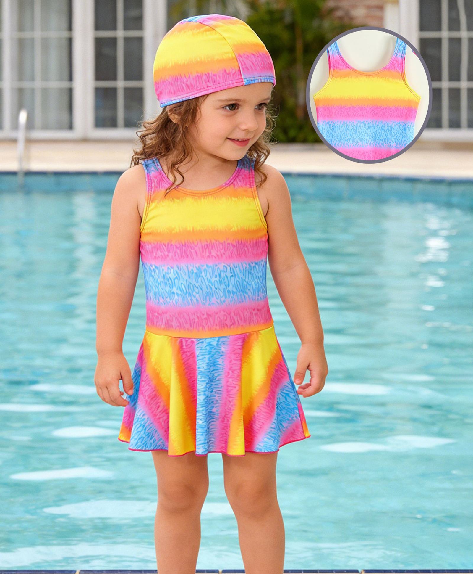Babyhug Sleeveless Striped & Printed Frock Swimsuit with Cap - Multicolor-image-29