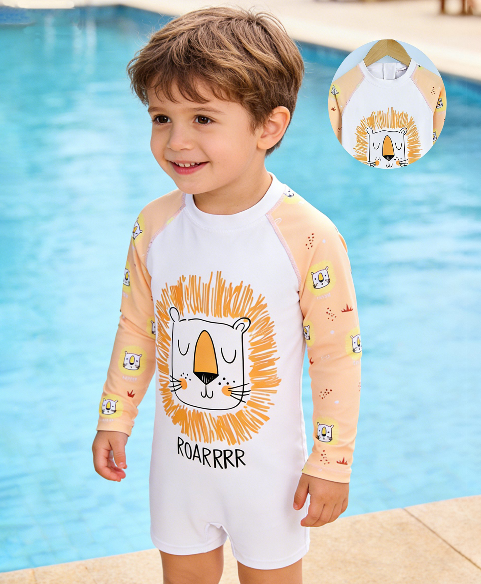 Mark & Mia Raglan Full Sleeves Lion Printed Legged Swimsuit - White & Peach-picture-18