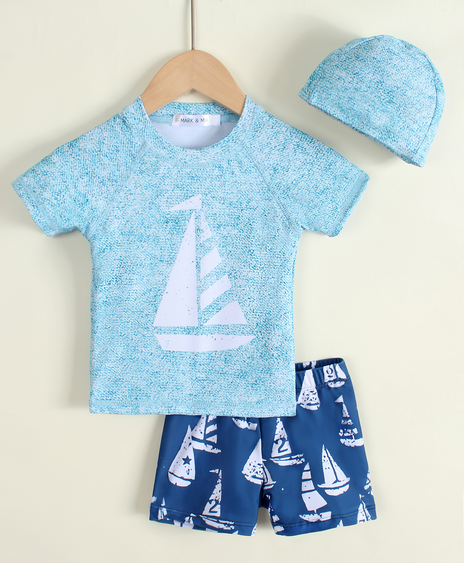 Mark & Mia Raglan Half Sleeves Nautical Theme Printed Two Piece Swimsuit With Cap - Light Blue-image-12