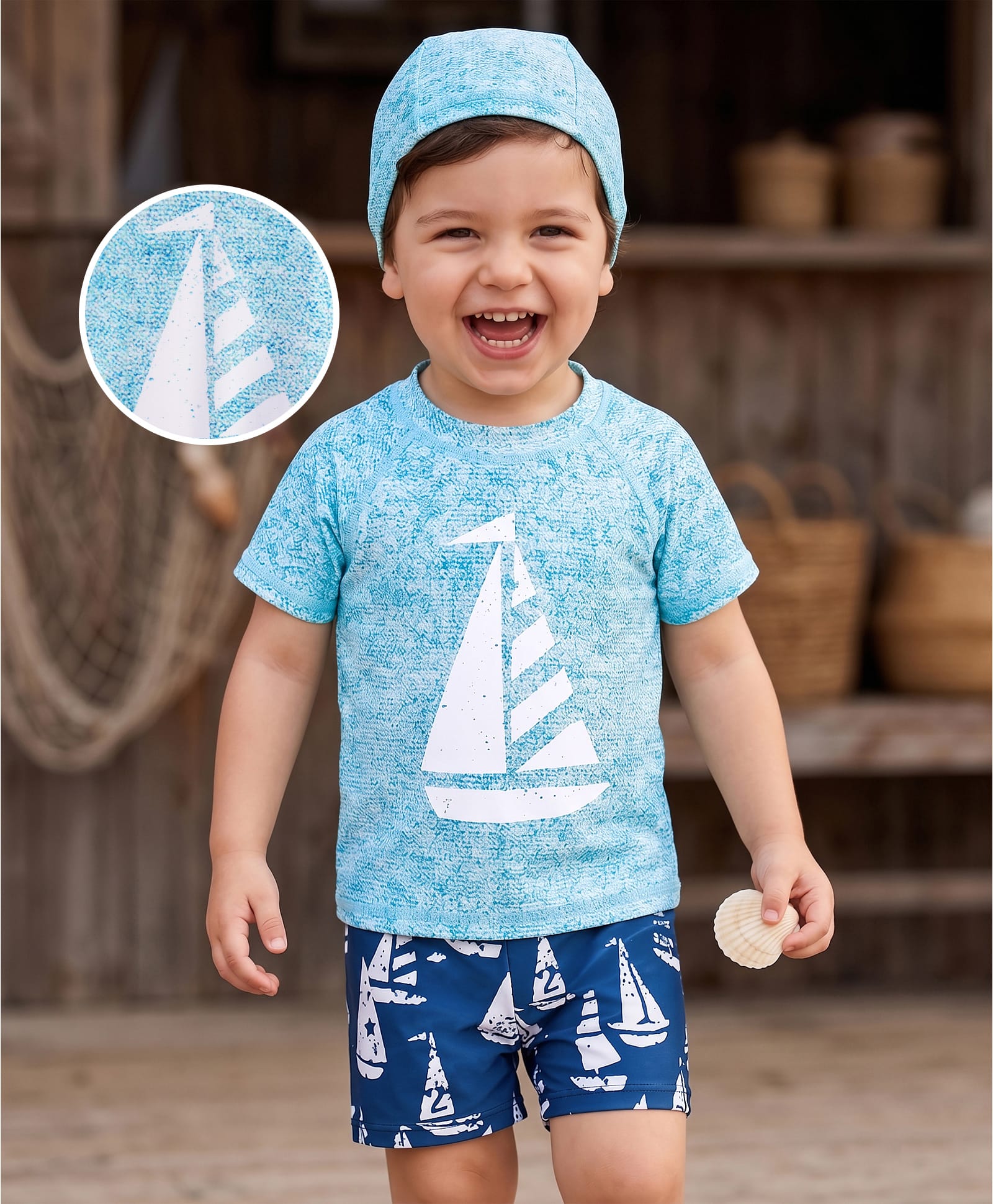 Mark & Mia Raglan Half Sleeves Nautical Theme Printed Two Piece Swimsuit With Cap - Light Blue-image-30