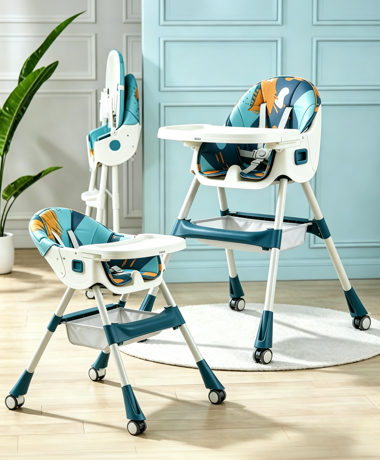 Babyhug 3-in-1 Convertible High Chair - Navy Blue| 5-Point Safety Harness| Dual Detachable Food Tray| Adjustable & Foldable Design|Removable Wheels with Brakes| Anti-Skid Base| Toddler & Rocking Chair