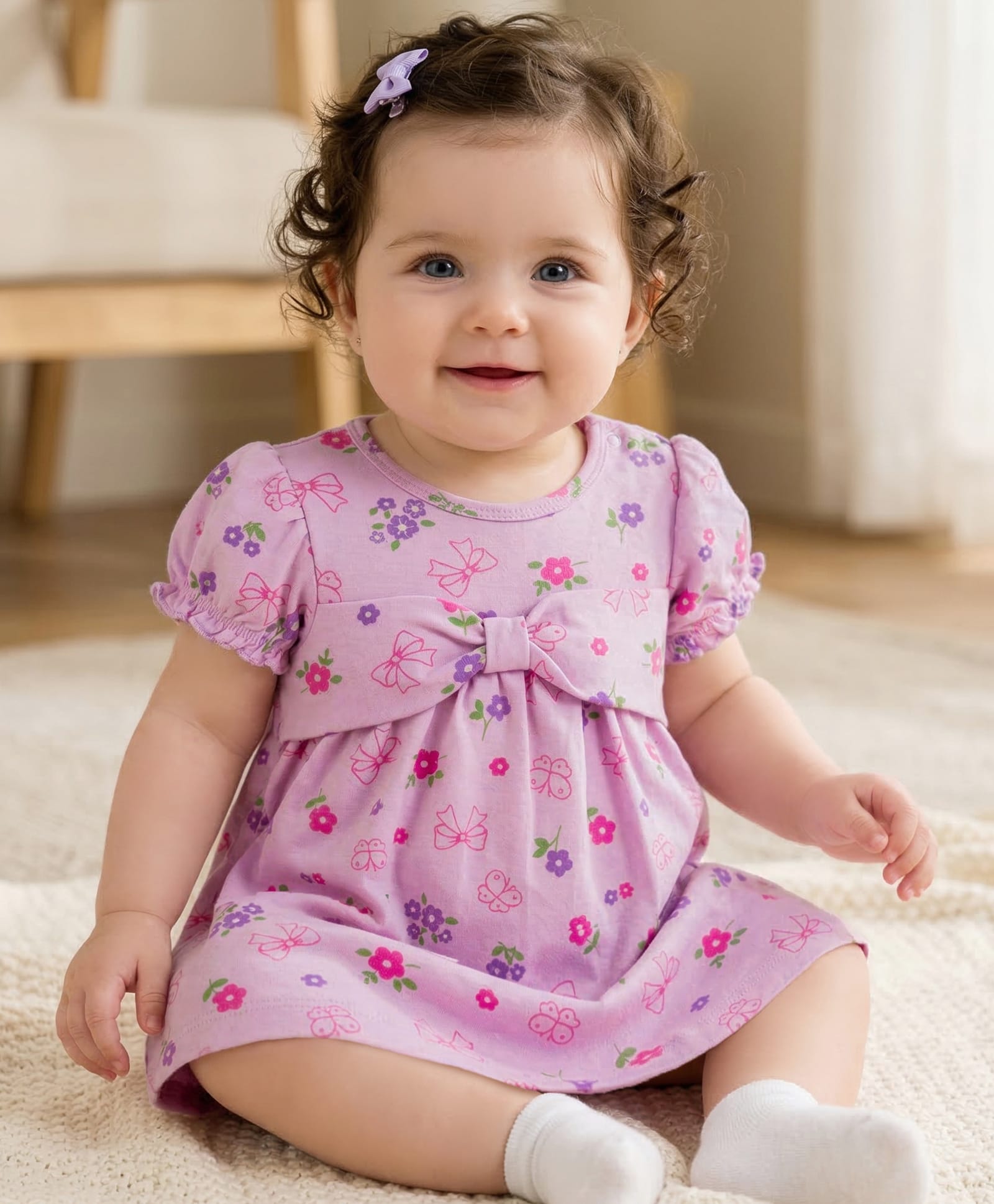 Babyoye Eco Conscious 100% Cotton Knit With Eco Jiva Finish Half Sleeves Floral Printed Frock Style Onesie with Bow Detailing - Pink-picture-16
