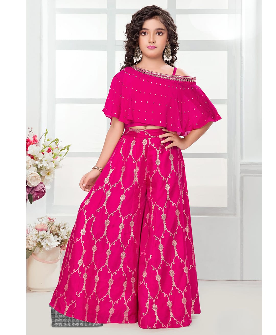 Lagorii Silk Woven Half Sleeves Lace Embellished Top & Palazzo Set - Pink-picture-27