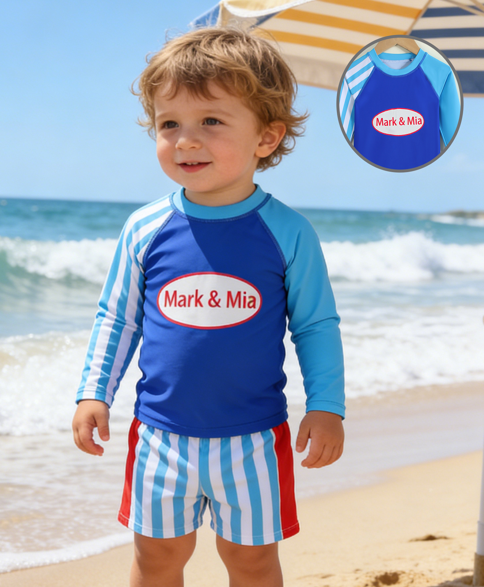 Mark & Mia Full Raglan Sleeves Striped Two Piece Swimsuit - Red & Blue-image-36
