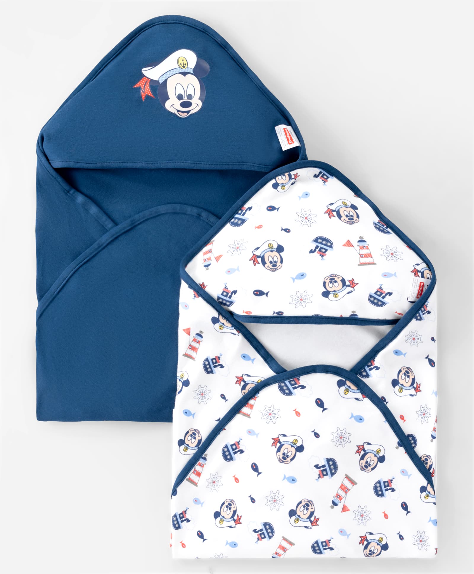 Babyhug Disney Mickey Sailor Print Premium Hooded Wrapper Pack of 2 - White & Navy| Newborn Essential|100% Interlock Cotton|Breathable Lightweight & Skin Friendly|0-6 Months| Prevents Startling Reflex-image-41