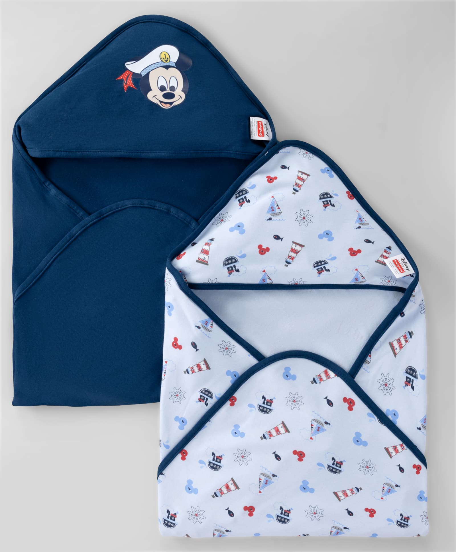 Babyhug Disney Mickey Sailor Print Premium Hooded Wrapper Pack of 2 - Blue & Navy| Newborn Essential| 100% Interlock Cotton|Breathable Lightweight & Skin Friendly|0-6 Months| Prevents Startling Reflex-image-45