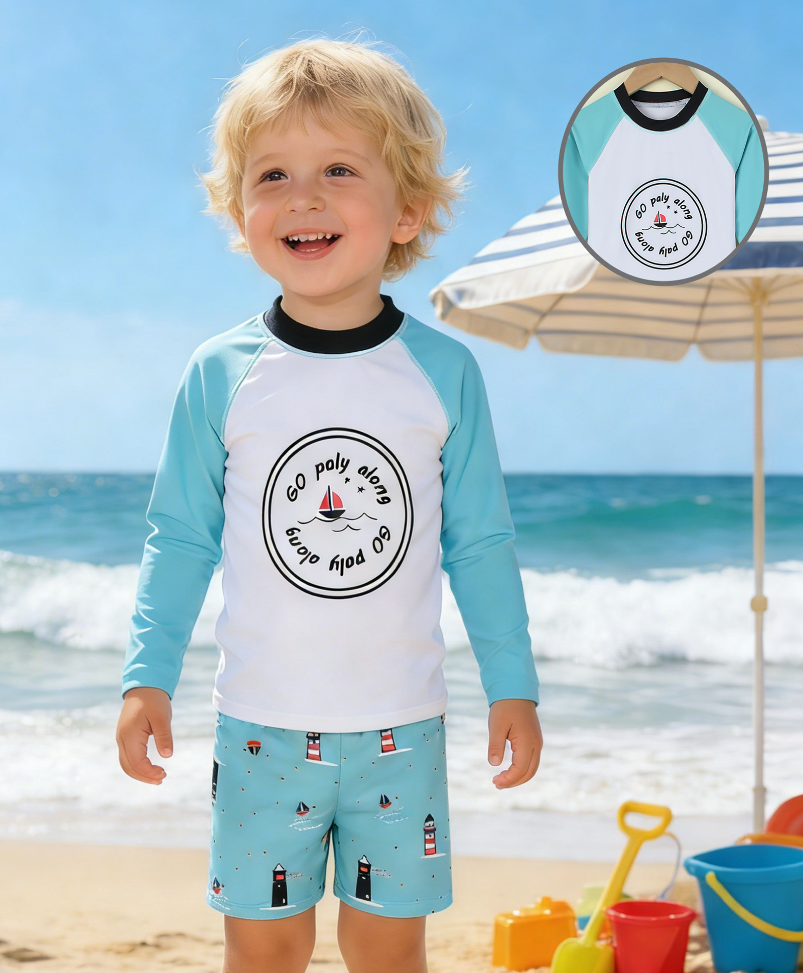 Mark & Mia Full Raglan Sleeves Two Piece Swimsuit - Light Blue-image-38
