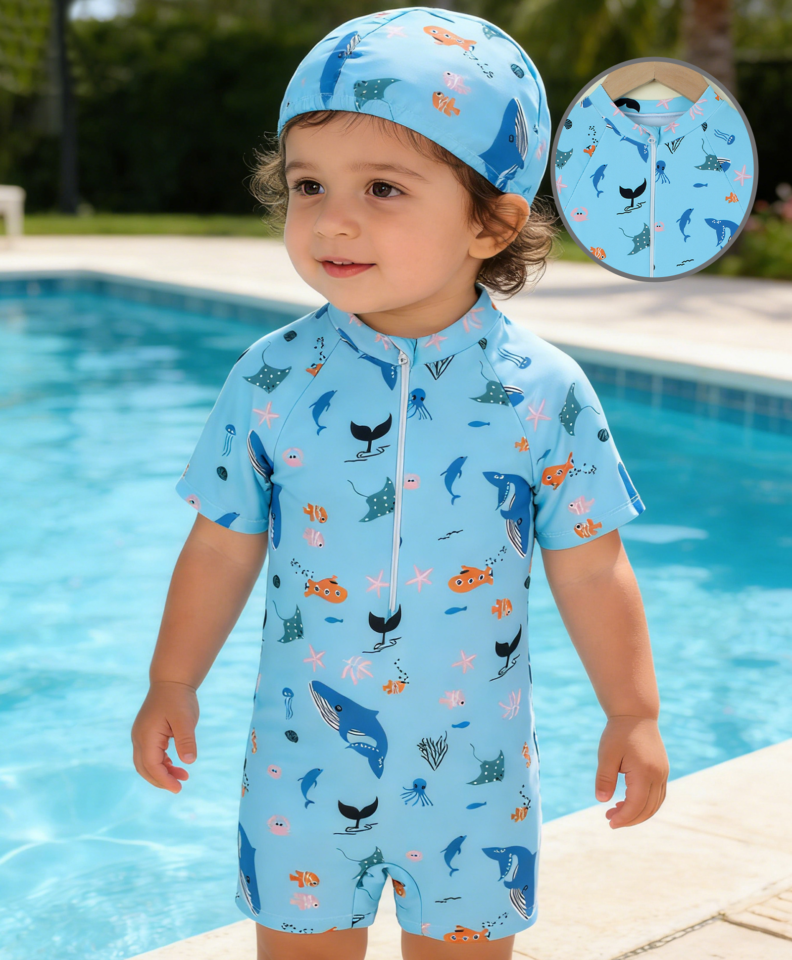 Mark & Mia Half Raglan Sleeves Sea Life Printed Legged Swimsuit With Cap - Light Blue-image-24