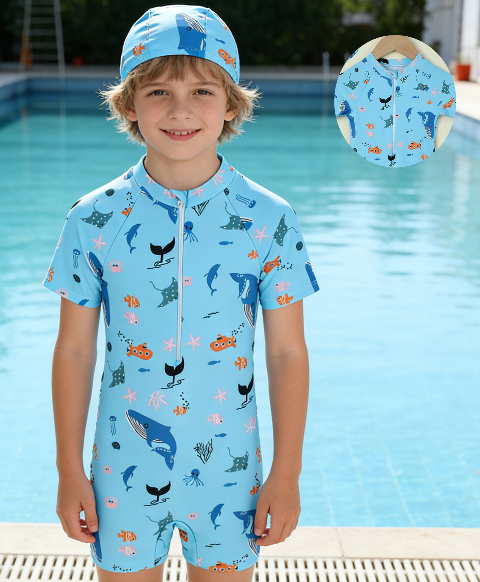 Mark & Mia Half Raglan Sleeves Sea Life Printed Legged Swimsuit With Cap - Light Blue-picture-27