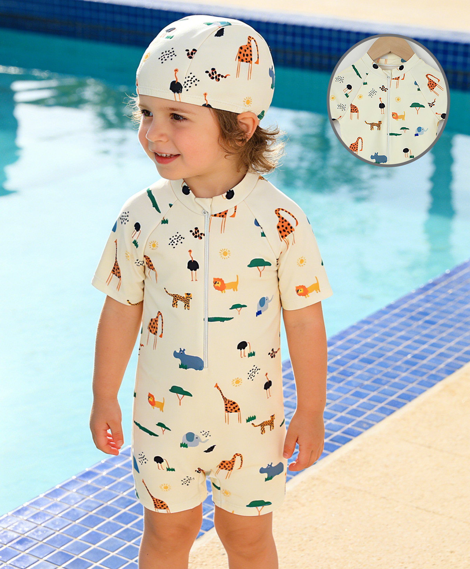Mark & Mia Half Raglan Sleeves Sea Life Printed Legged Swimsuit With Cap - Beige-image-9