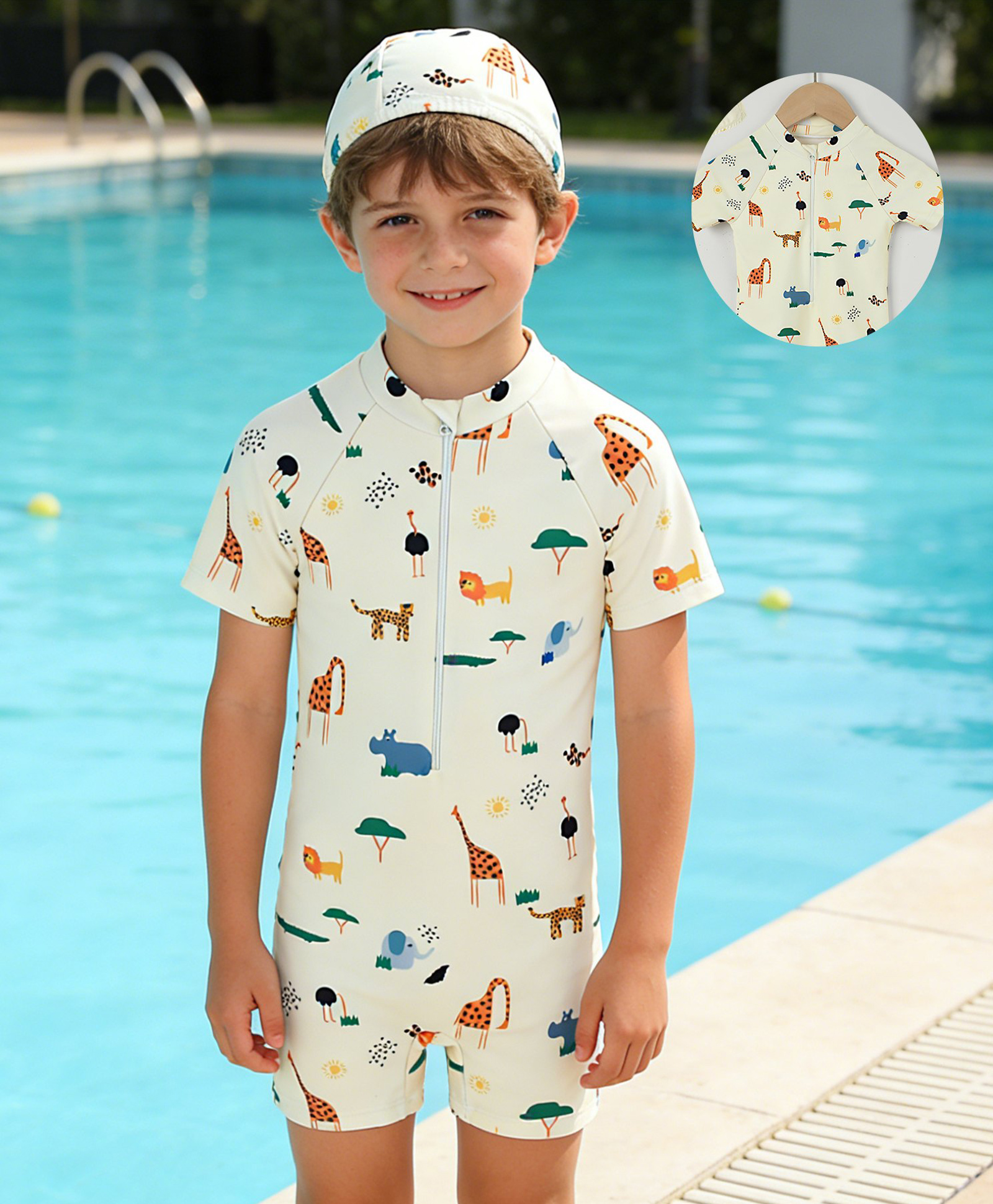 Mark & Mia Half Raglan Sleeves Sea Life Printed Legged Swimsuit With Cap - Beige-picture-19