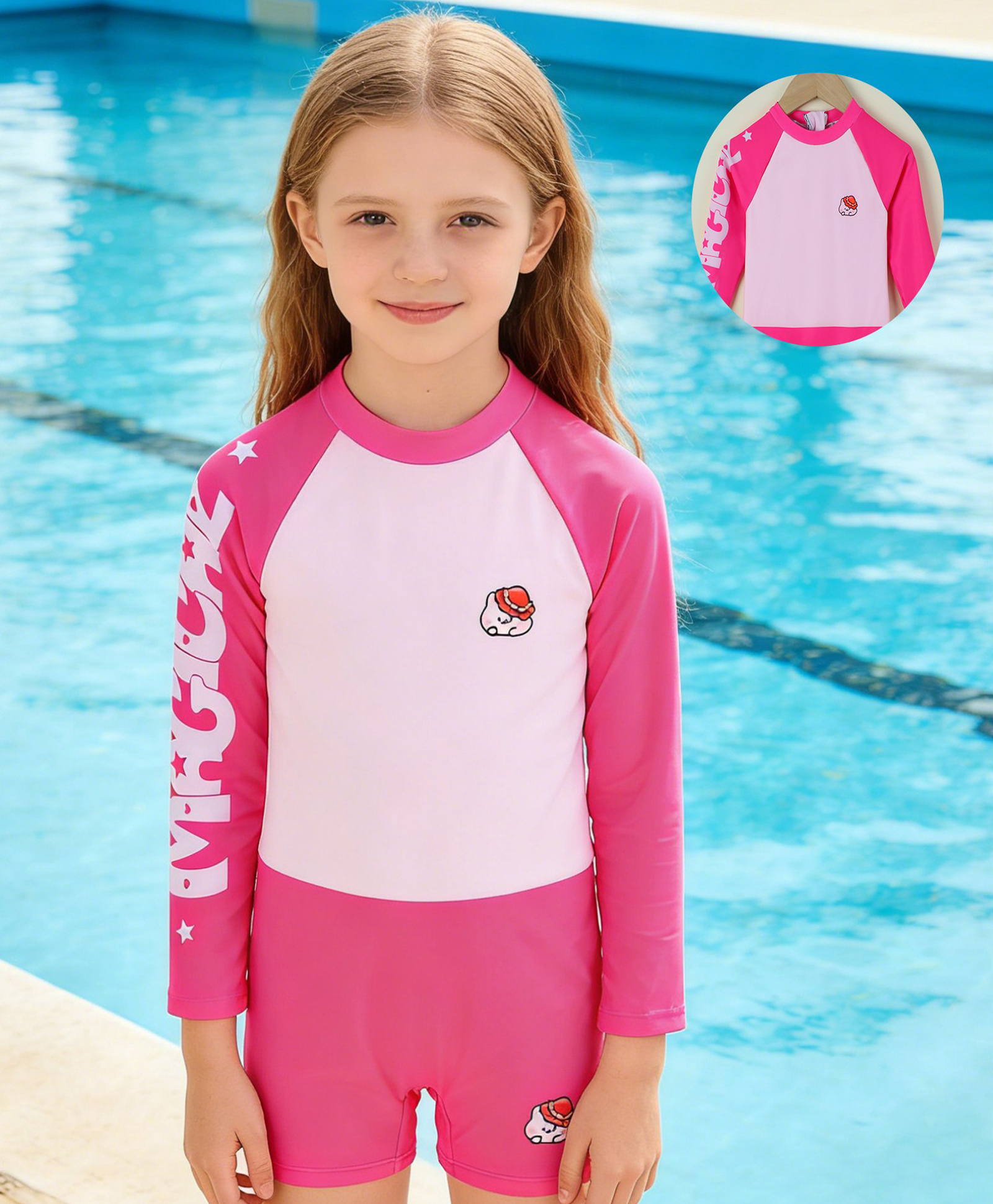 Mark & Mia Full Raglan Sleeves Kitty Printed Legged Swimsuit - Fuchsia-image-37