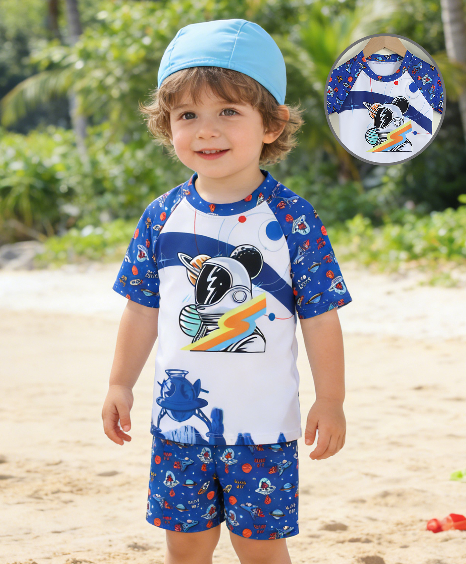 Mark & Mia Half Raglan Sleeves Space Theme Printed Two Piece Swimsuit With Cap - Blue-image-10