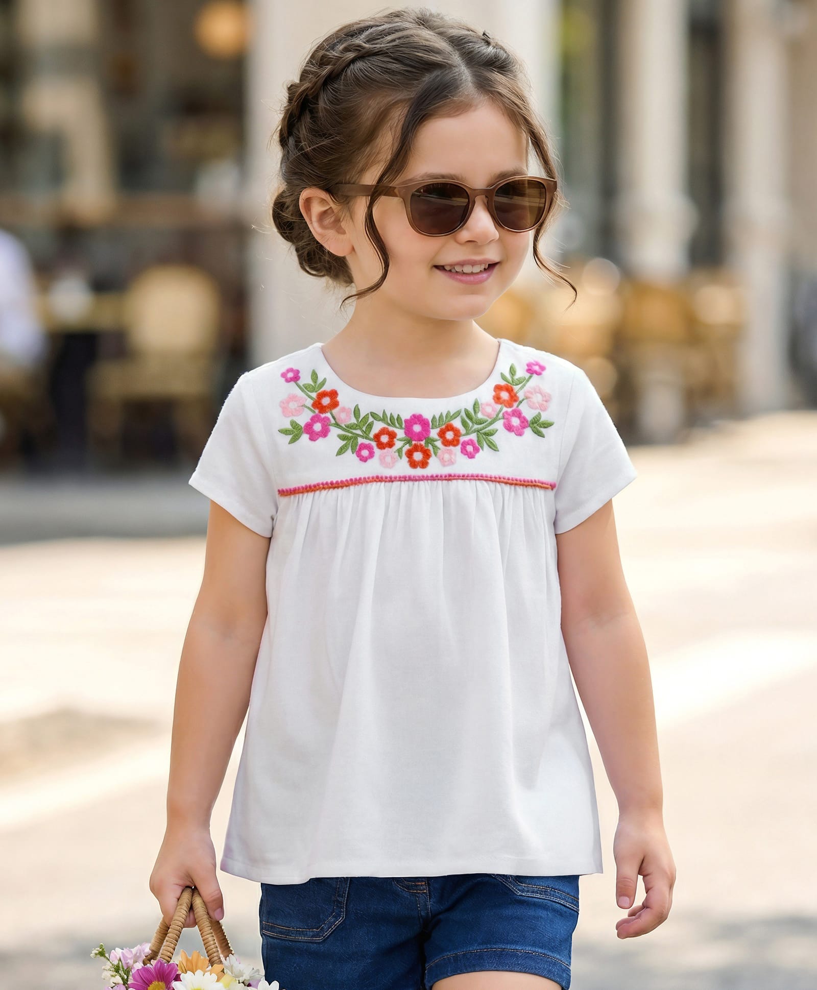 Babyhug Cotton Rayon Woven Half Sleeves Top with Floral Embroidery Detailing - White-image-37