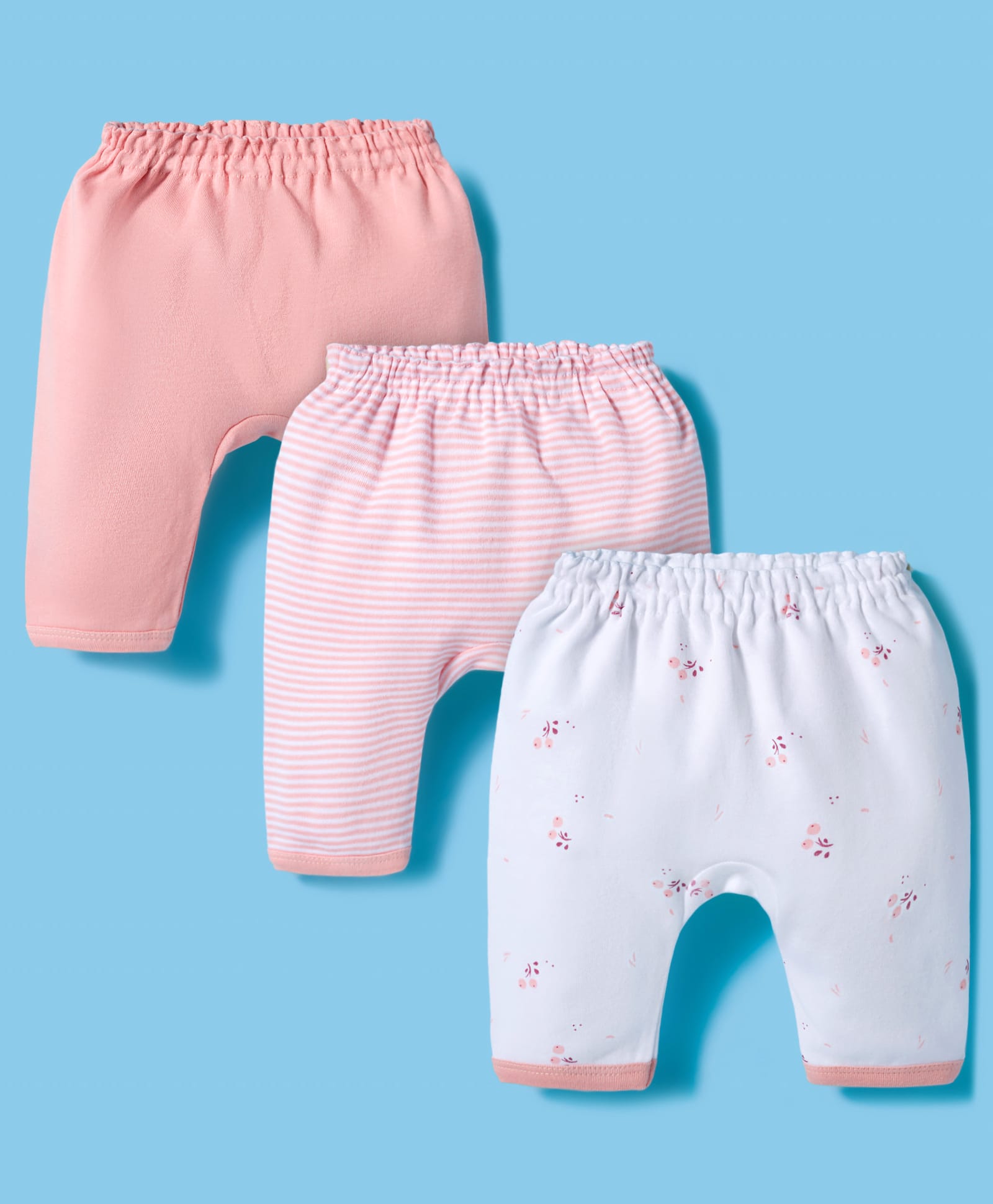 I Bears Interlock Knit Full Length Diaper Leggings With Stripes Pack Of 3 - Pink Coral & White-image-14