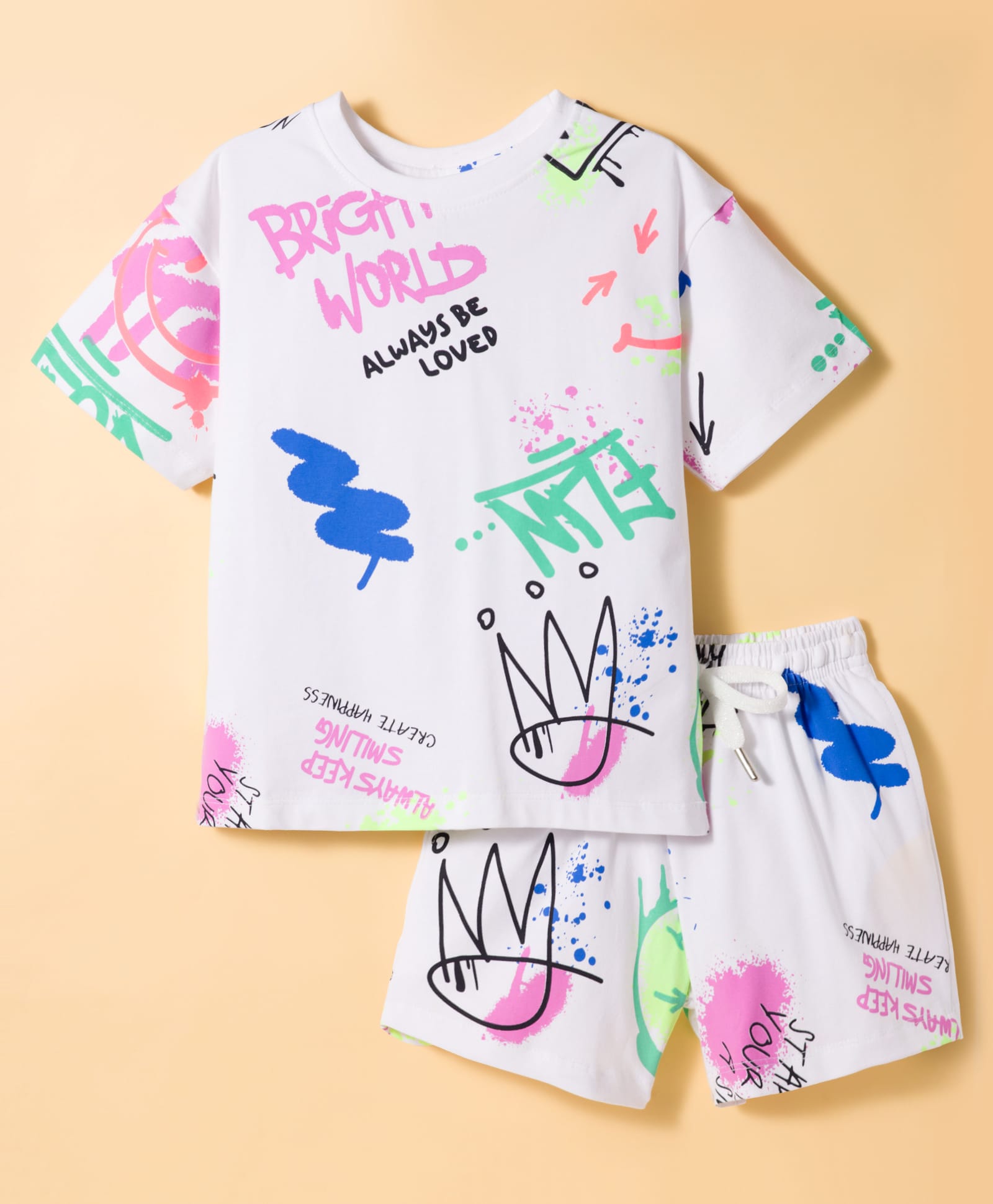 smarty girls sinker knit half sleeves t-shirt & shorts co-ord set with text print - white