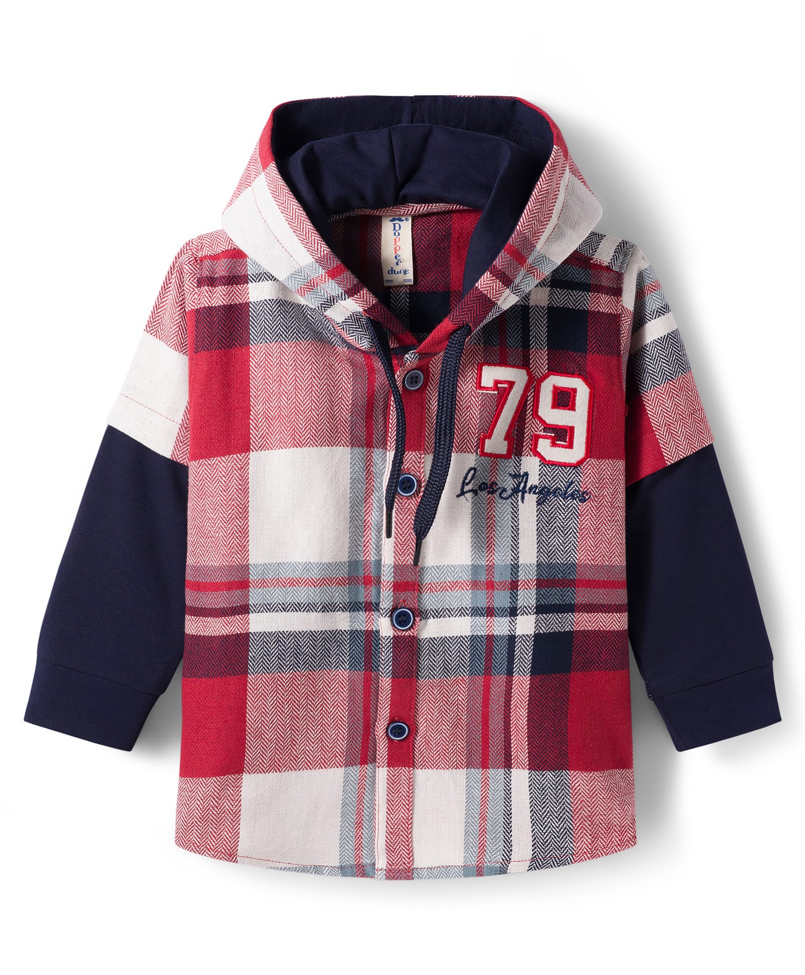 Dapper Dudes Full Sleeves Checked & 79 Number Embroidered Hooded Shirt - Red-image-8