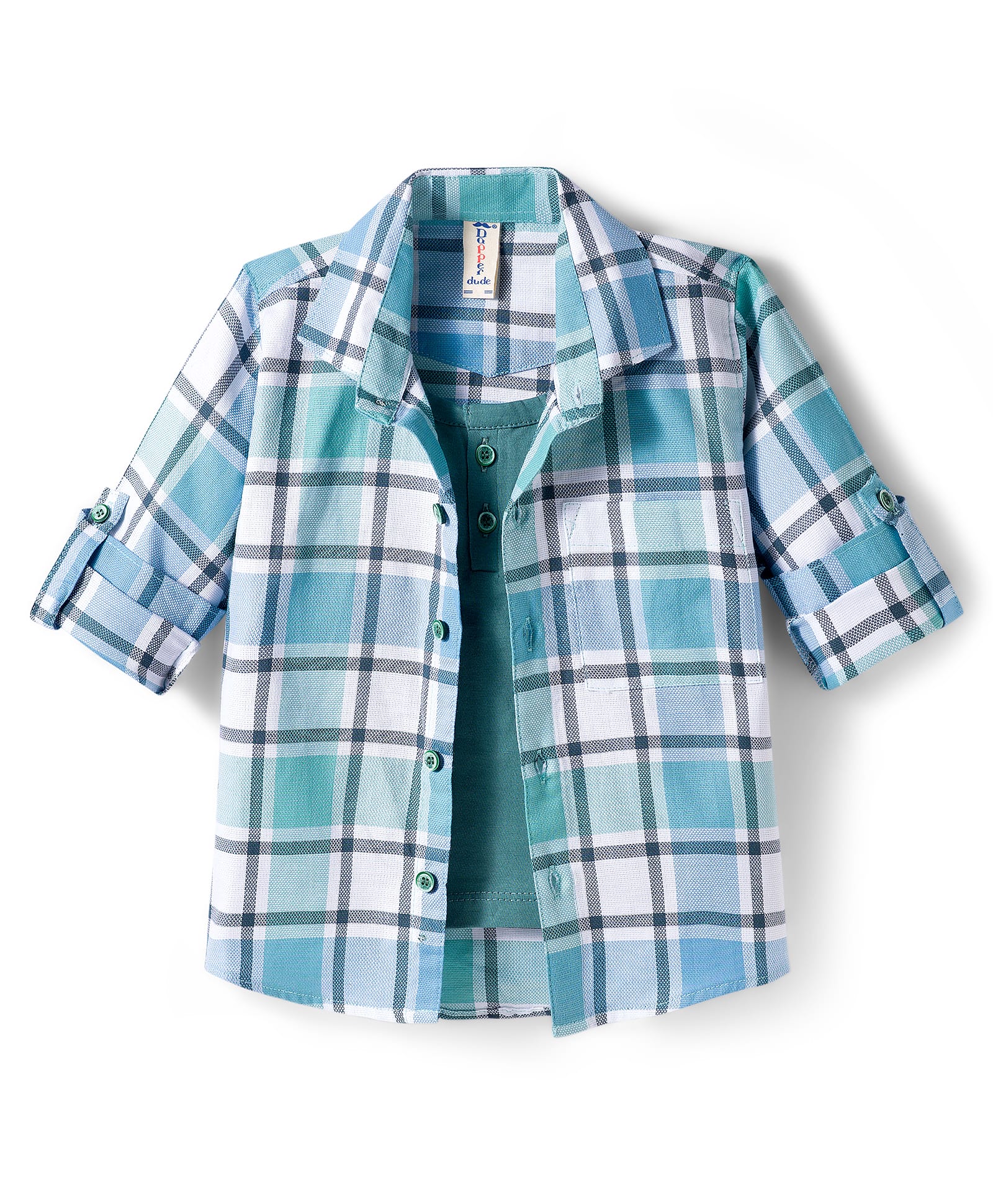 Dapper Dudes Full Sleeves Checked Shirt With Attached Tee - Blue-image-23