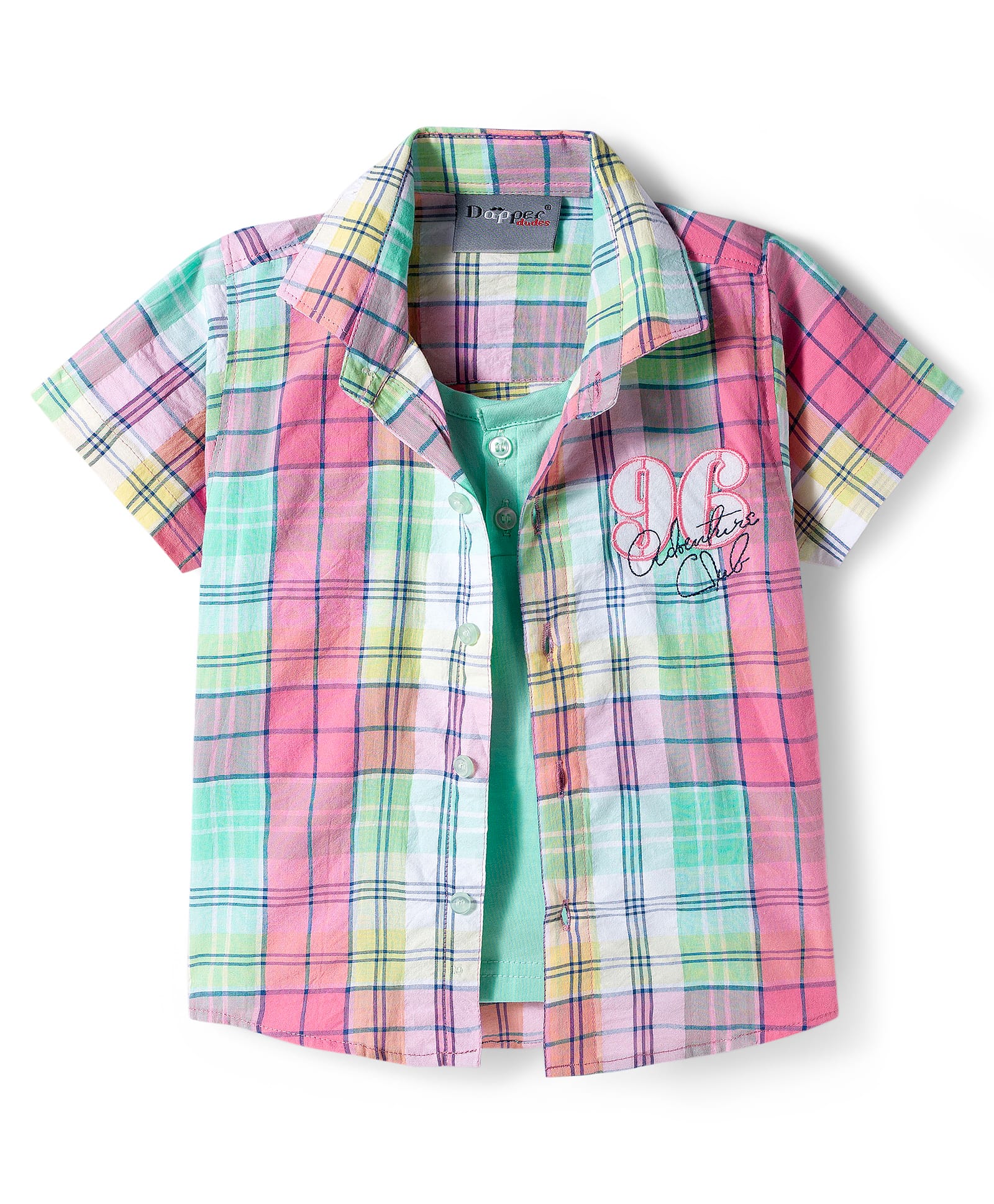 Dapper Dudes Half Sleeves Checked & Typography Embroidered Shirt With Attached Tee - Pista-picture-10