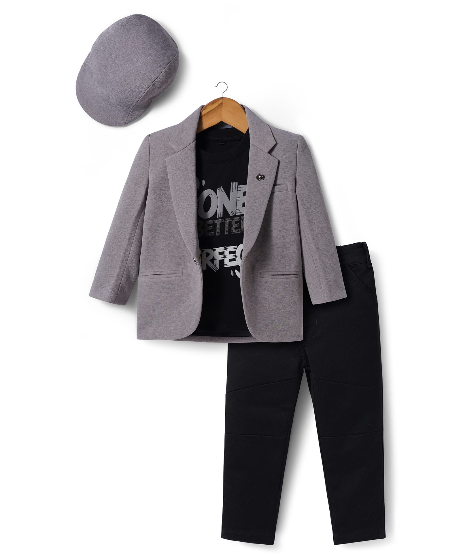 Dapper Dudes Full Sleeves Solid Blazer With Typography Printed Tee & Pant Set With Cap - Grey-picture-26