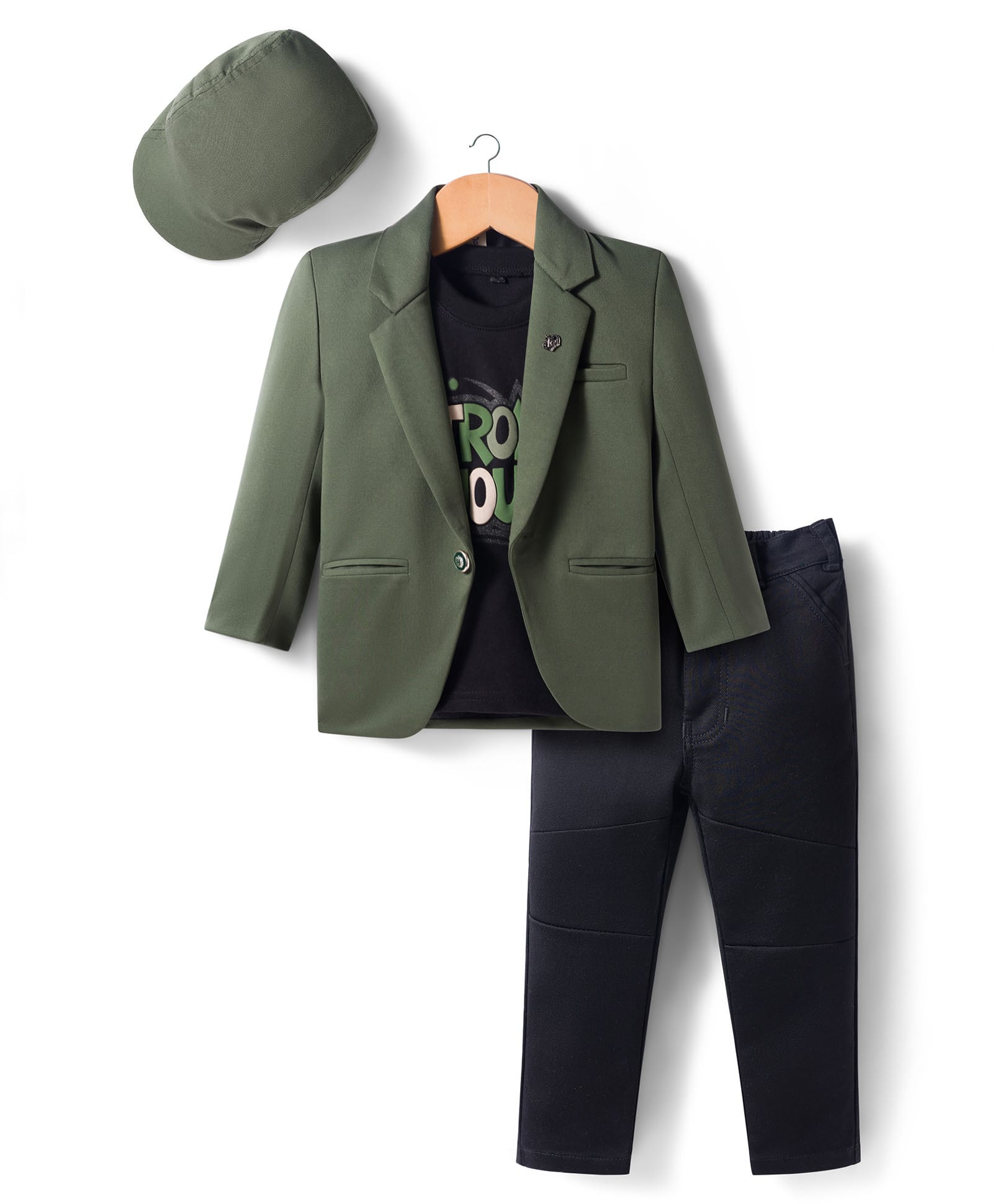 Dapper Dudes Full Sleeves Solid Blazer With Typography Printed Tee & Pant Set With Cap - Dark Green-picture-16