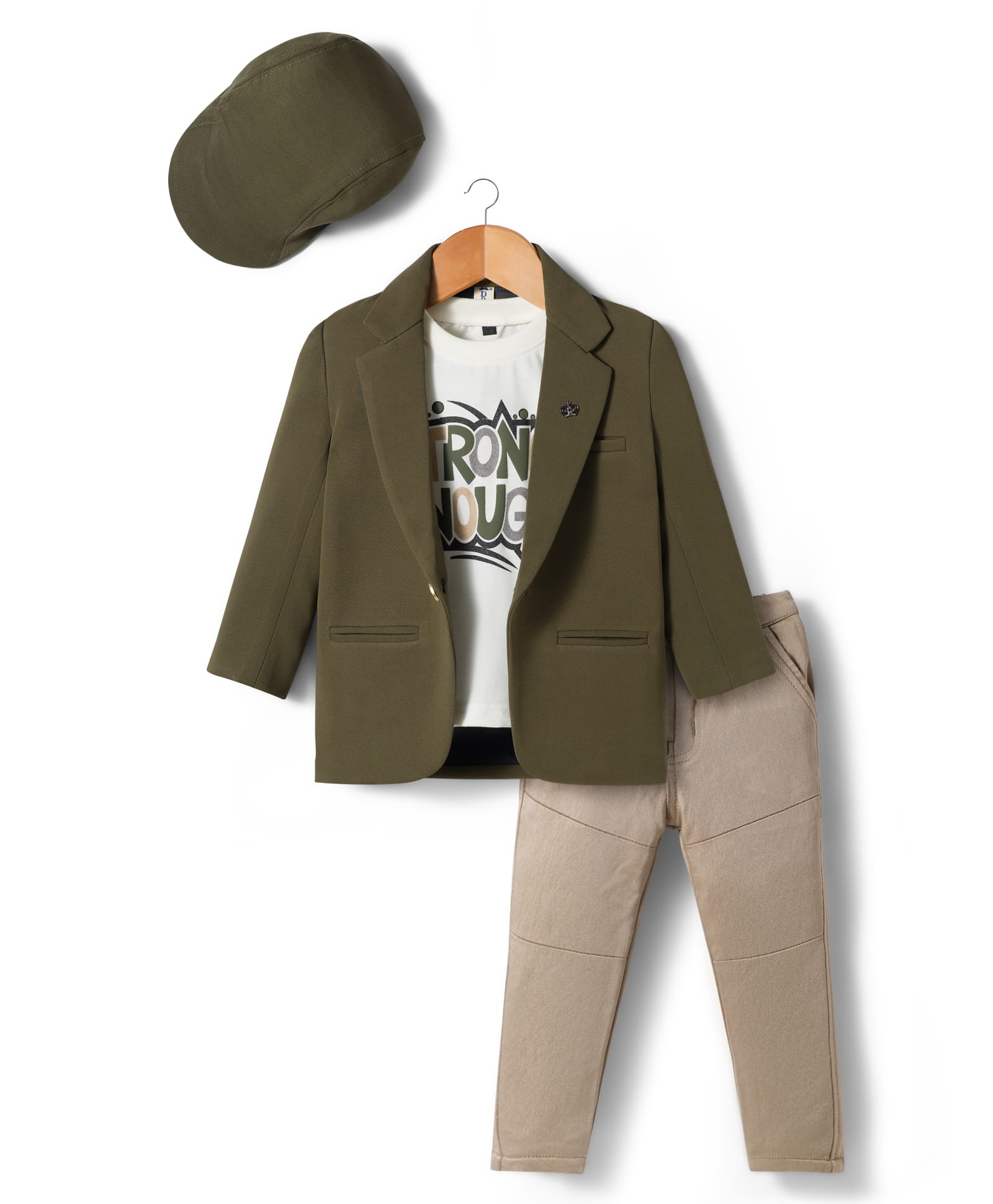 Dapper Dudes Full Sleeves Solid Blazer With Typography Printed Tee & Pant Set With Cap - Olive Green-picture-31
