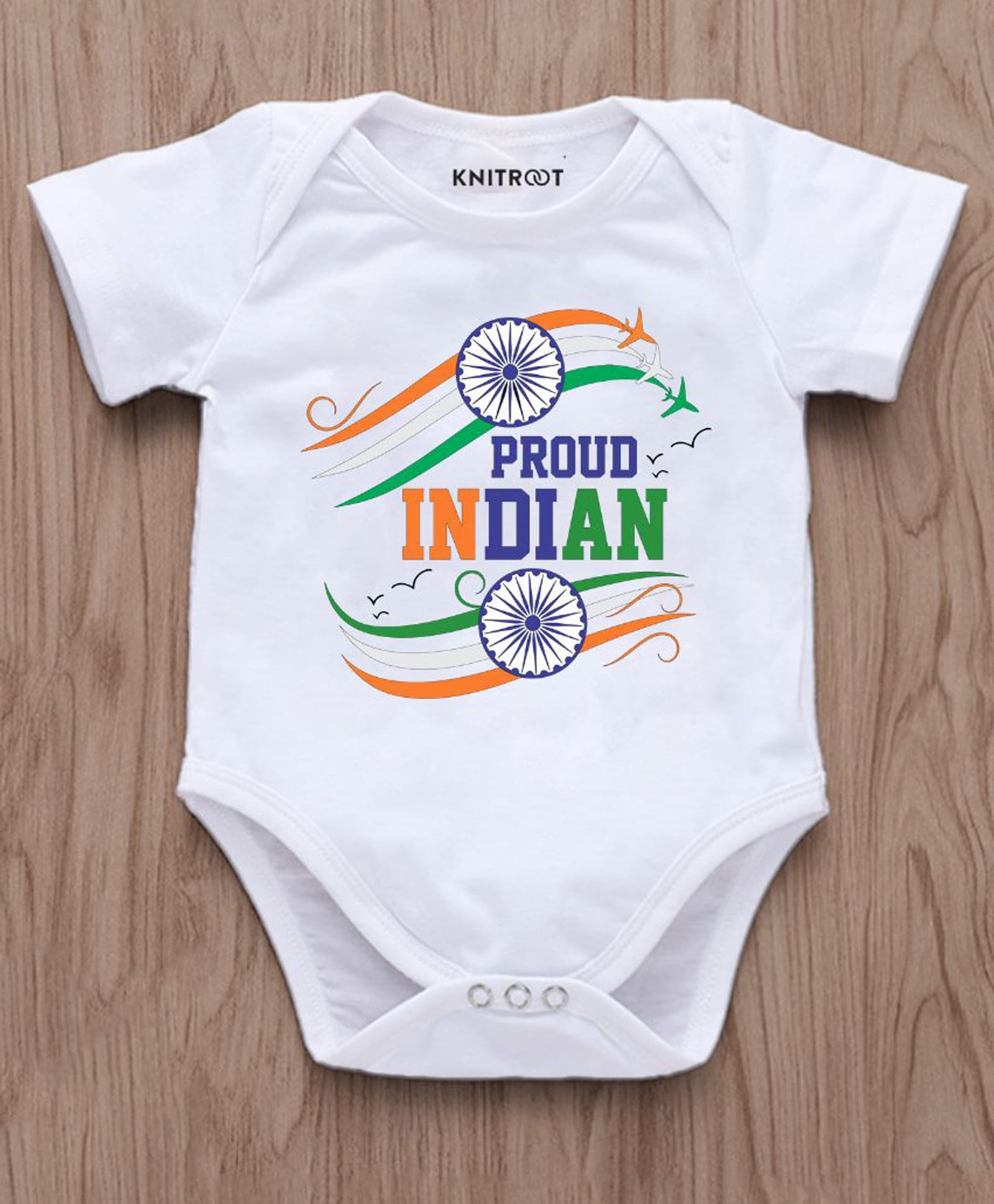 KNITROOT Cotton Knit Republic Day Theme Half Sleeves Proud Indian Text Printed Onesie - White-picture-15