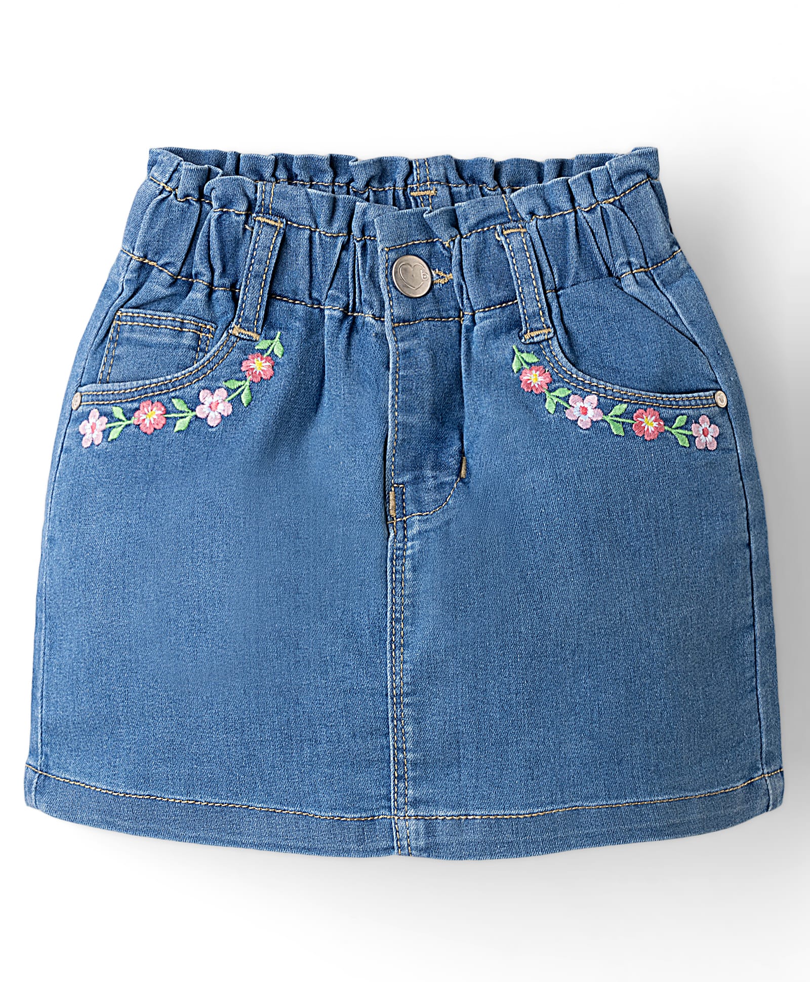 Babyhug Denim Mid Length Skirts With Floral Embroidery - Blue-image-1