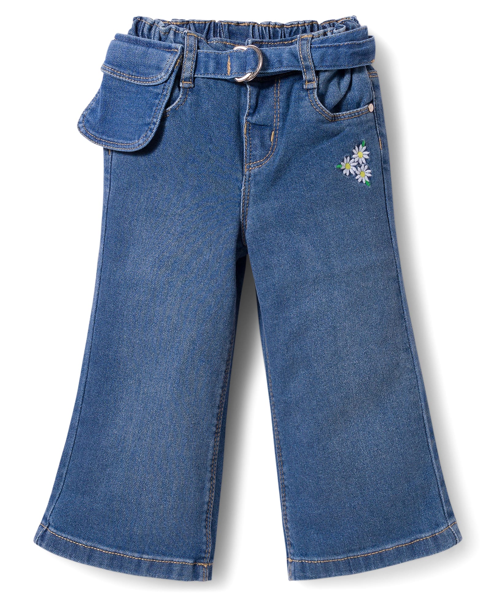 Babyhug Full Length Denim Jeans with Stretch Belt & Floral Embroidery - Blue-picture-17