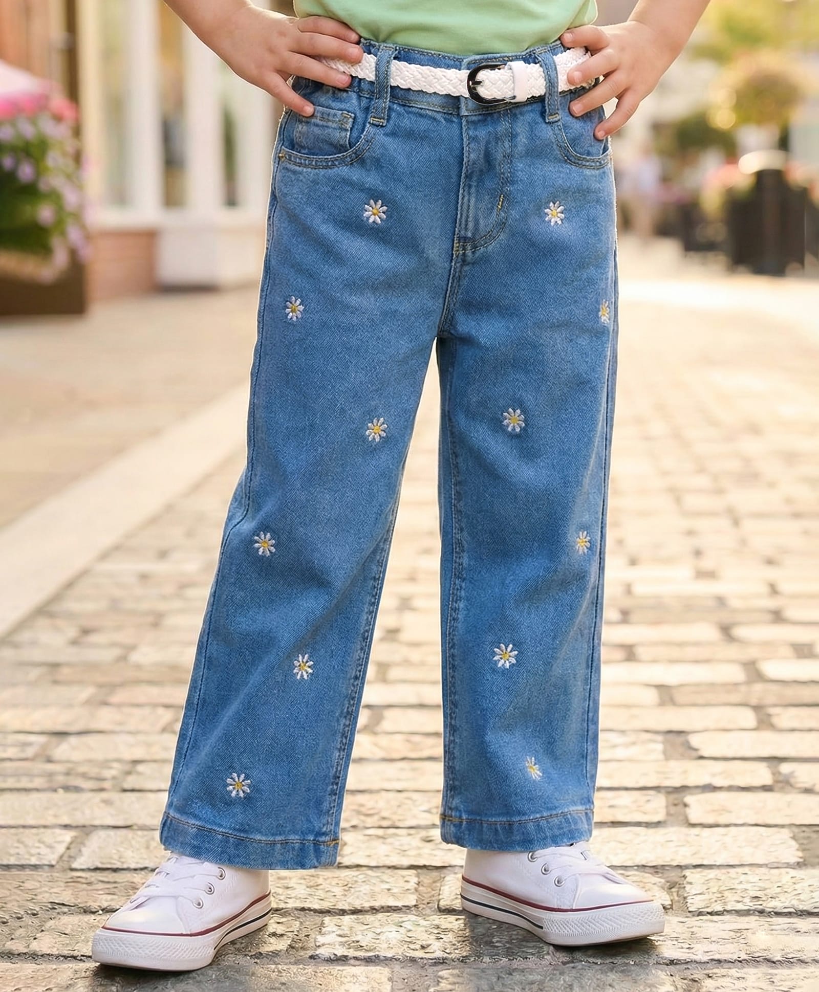Babyhug Full Length Denim Jeans with Floral Embroidery & Belt - Blue