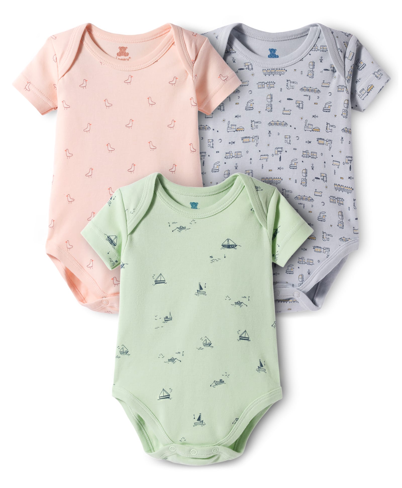 I Bears Interlock Knit Half Sleeves Onesies With Bird Print Pack Of 3 - Pink Sea Green & Blue-image-35