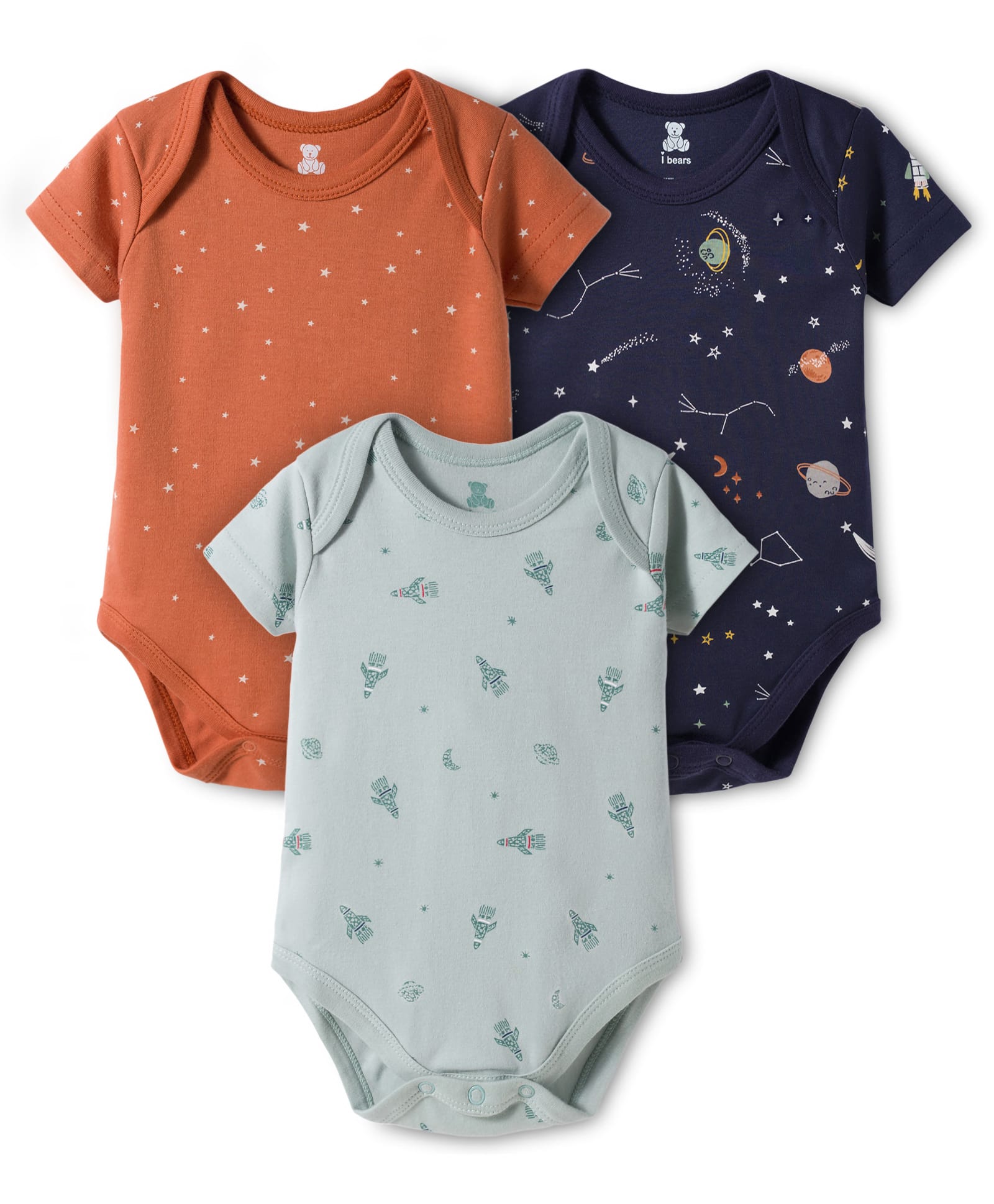 I Bears Interlock Knit Half Sleeves Onesies With Rocket Print Pack Of 3 - Navy Blue Grey & Rust Orange-image-44