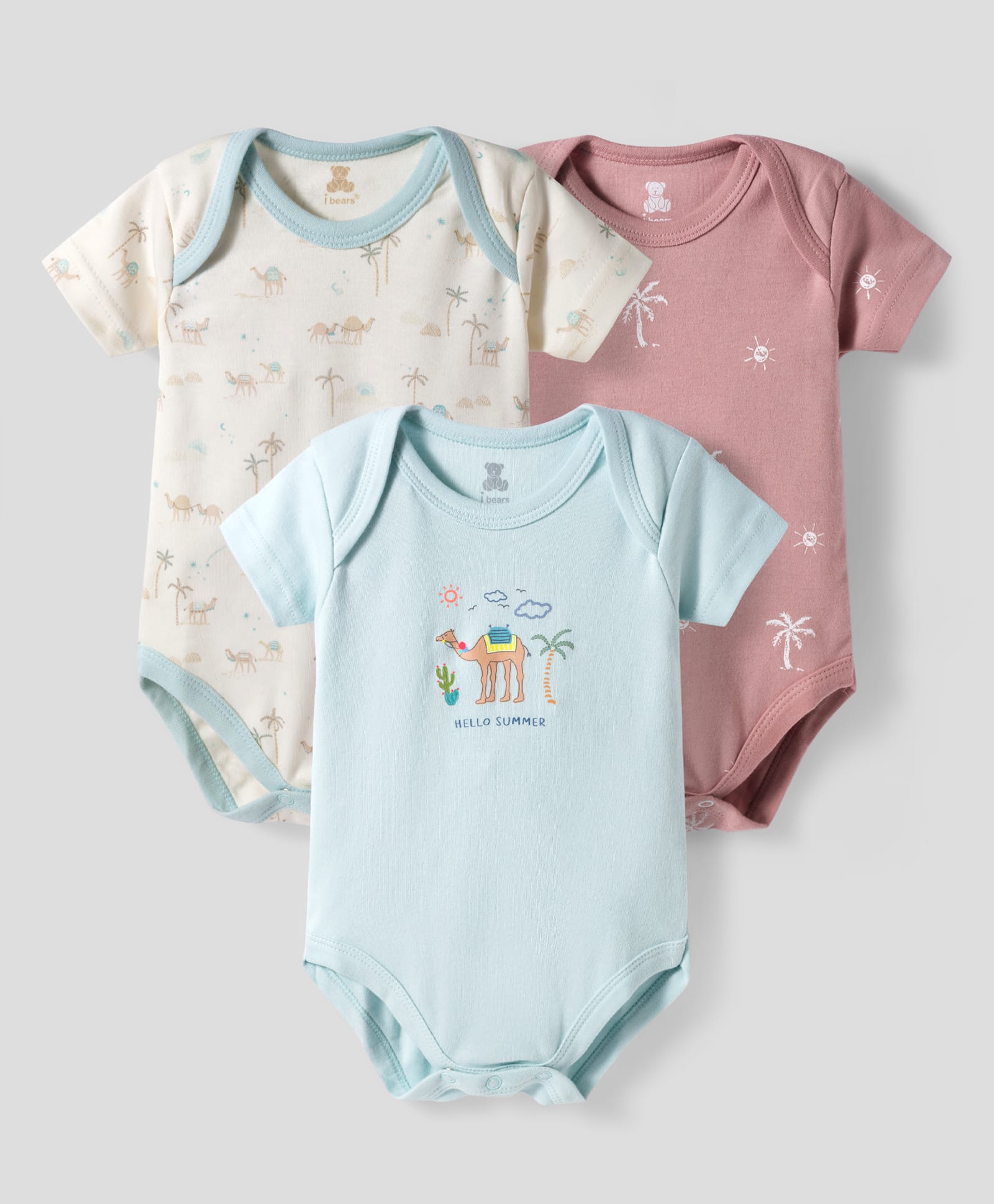I Bears Interlock Knit Half Sleeves Onesies With Camel & Tree Print Pack of 3 - Light Blue White & Pink-image-35