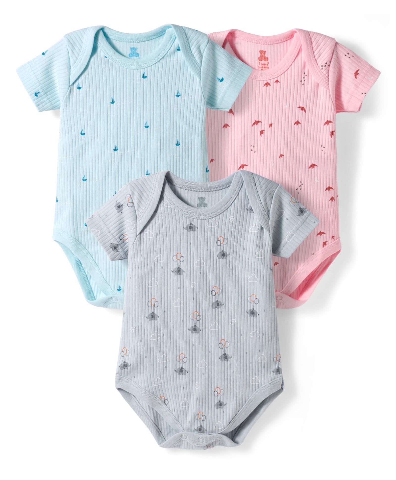 I Bears Interlock Knit Half Sleeves Onesies With Elephant & Bird Print Pack of 3 - Grey Pink & Light Blue-image-10