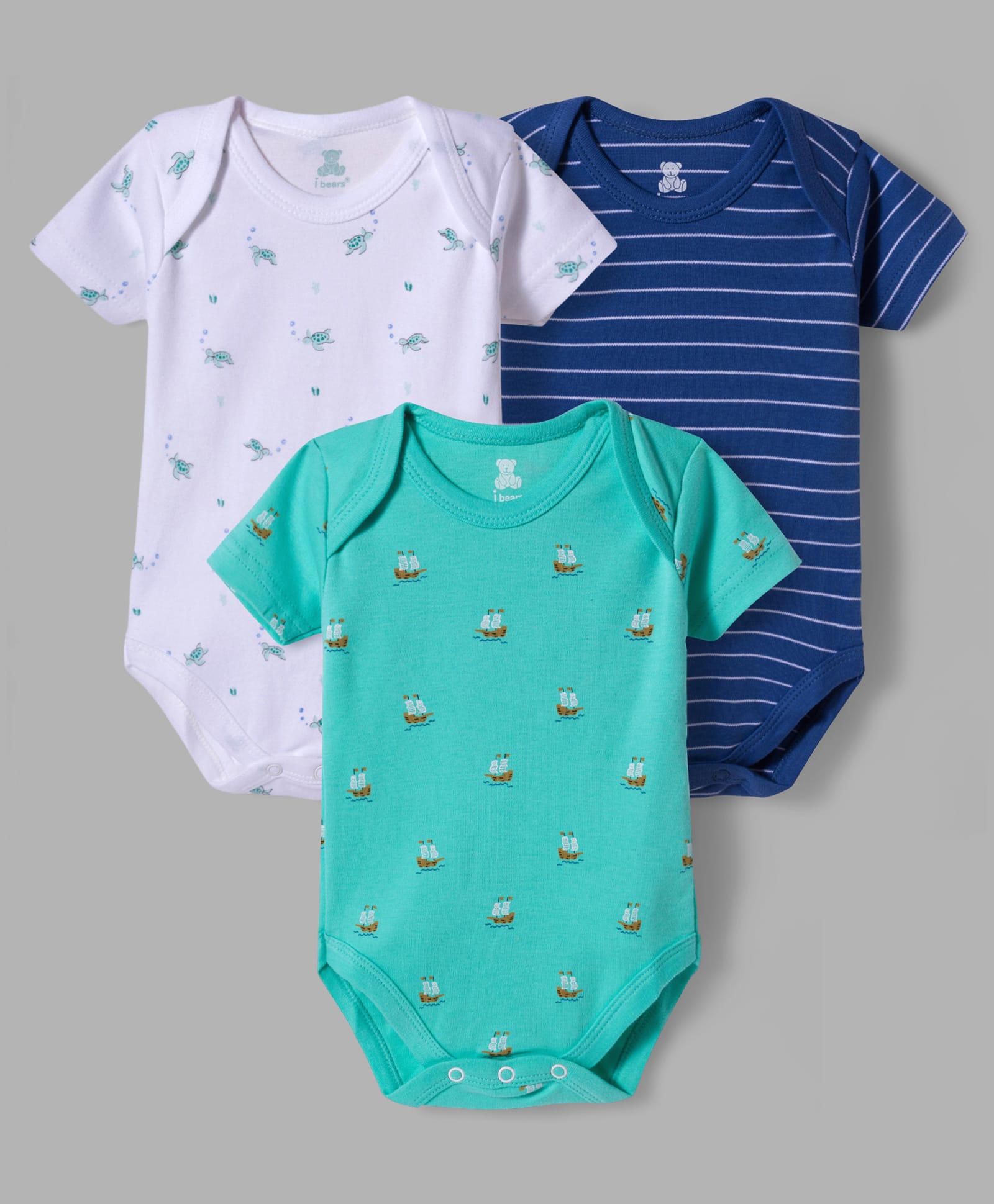 I Bears Interlock Knit Half Sleeves Onesies With Turtle & Boat Print Pack of 3 - White Aqua & Navy Blue-image-23