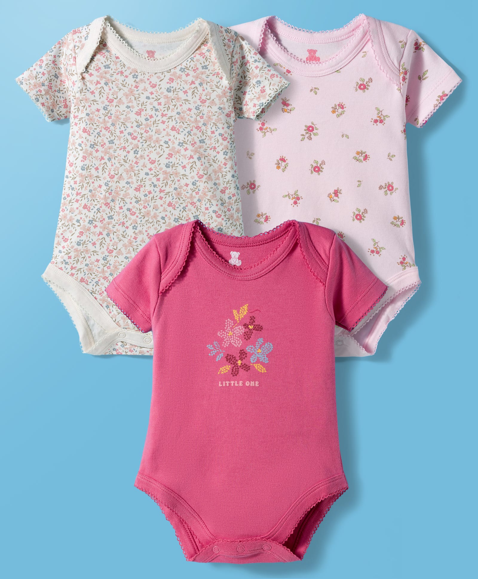 I Bears Interlock Knit Half Sleeves Onesies With Floral Print Pack of 3 - White Dark & Light Pink-image-20