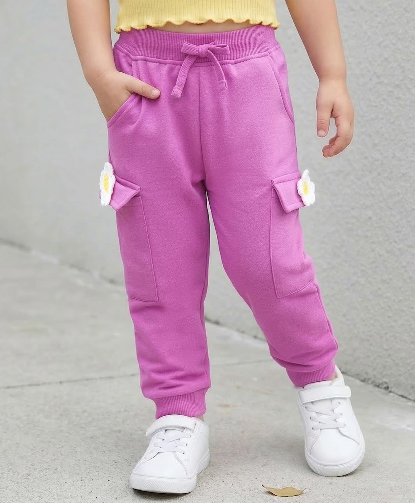 Babyhug Cotton Looper Knit Full Length Lounge Pant with Floral Applique - Pink-picture-27