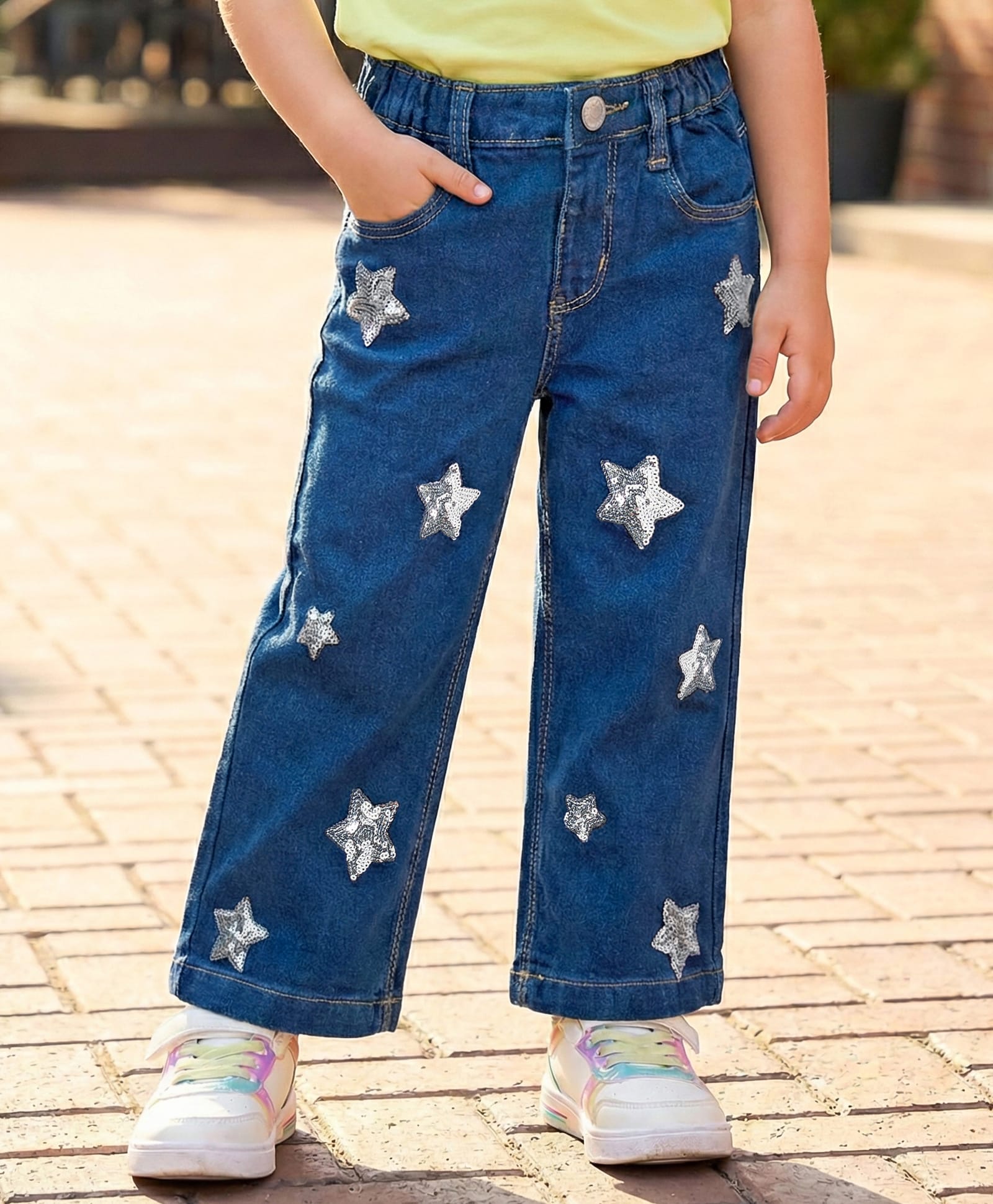 Babyhug Full Length Denim Jeans with Sequin Detailing - Blue