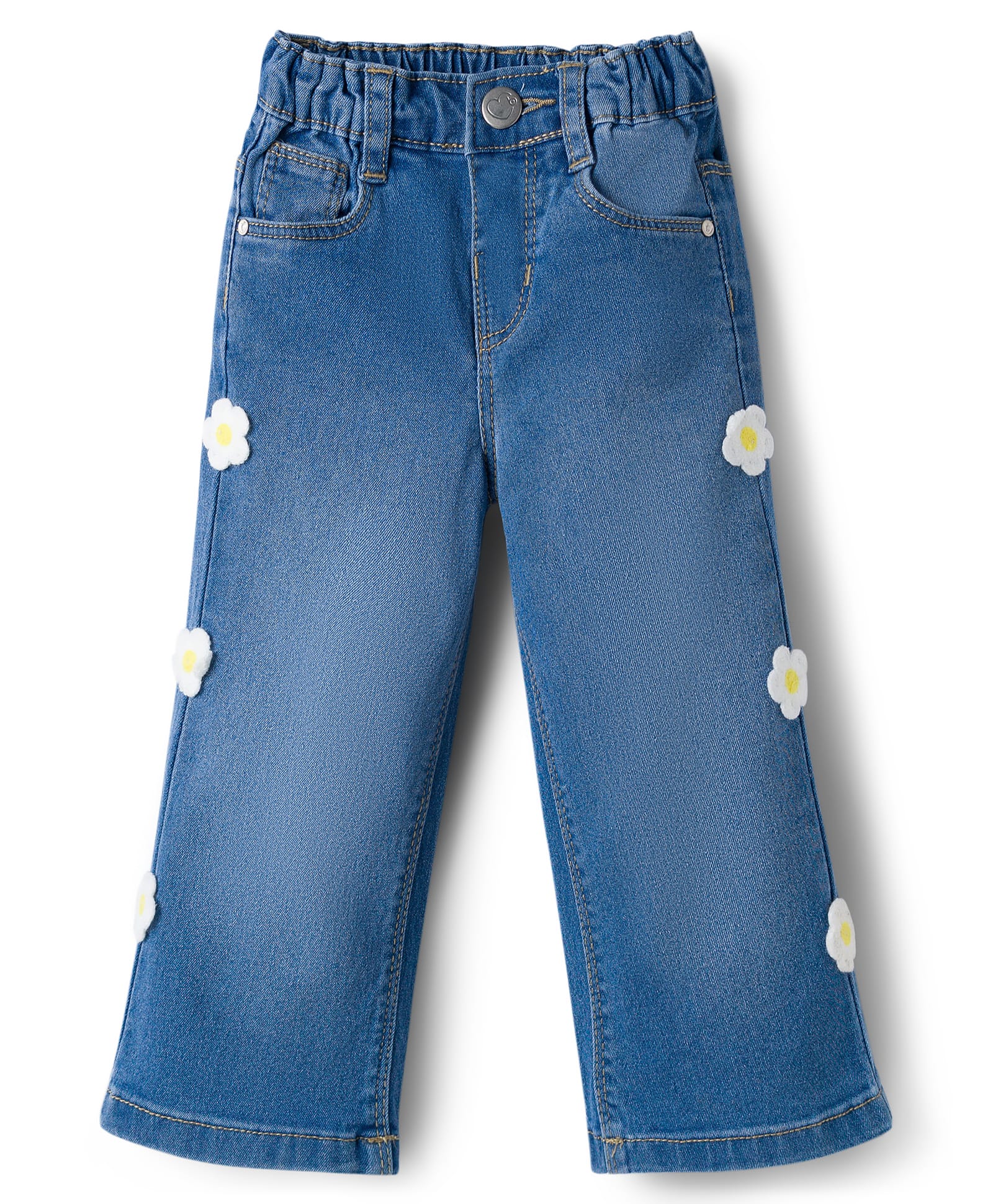 Babyhug Full Length Denim Jeans with Stretch & Floral Embroidery - Blue